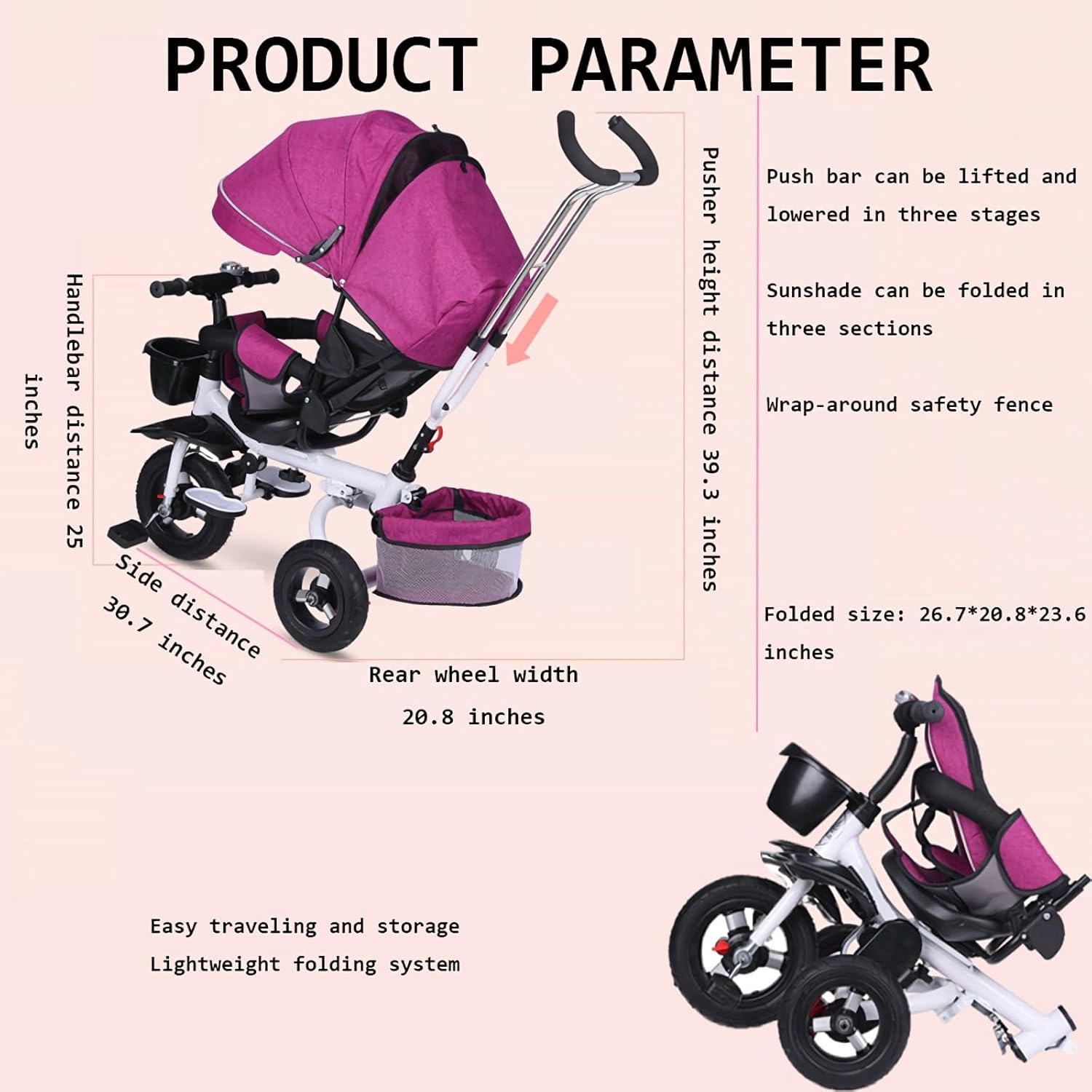 HASMI Kids Tricycle, 4 in 1 Folding Kids Trike, White+Khaki, 1-6 Years