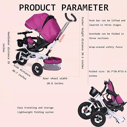 Miniatura 7 de Triciclo para niños, cochecito de triciclo, cochecito para niños, triciclo 4 en 1, triciclo plegable para niños con asa de empuje, toldo extraíble,