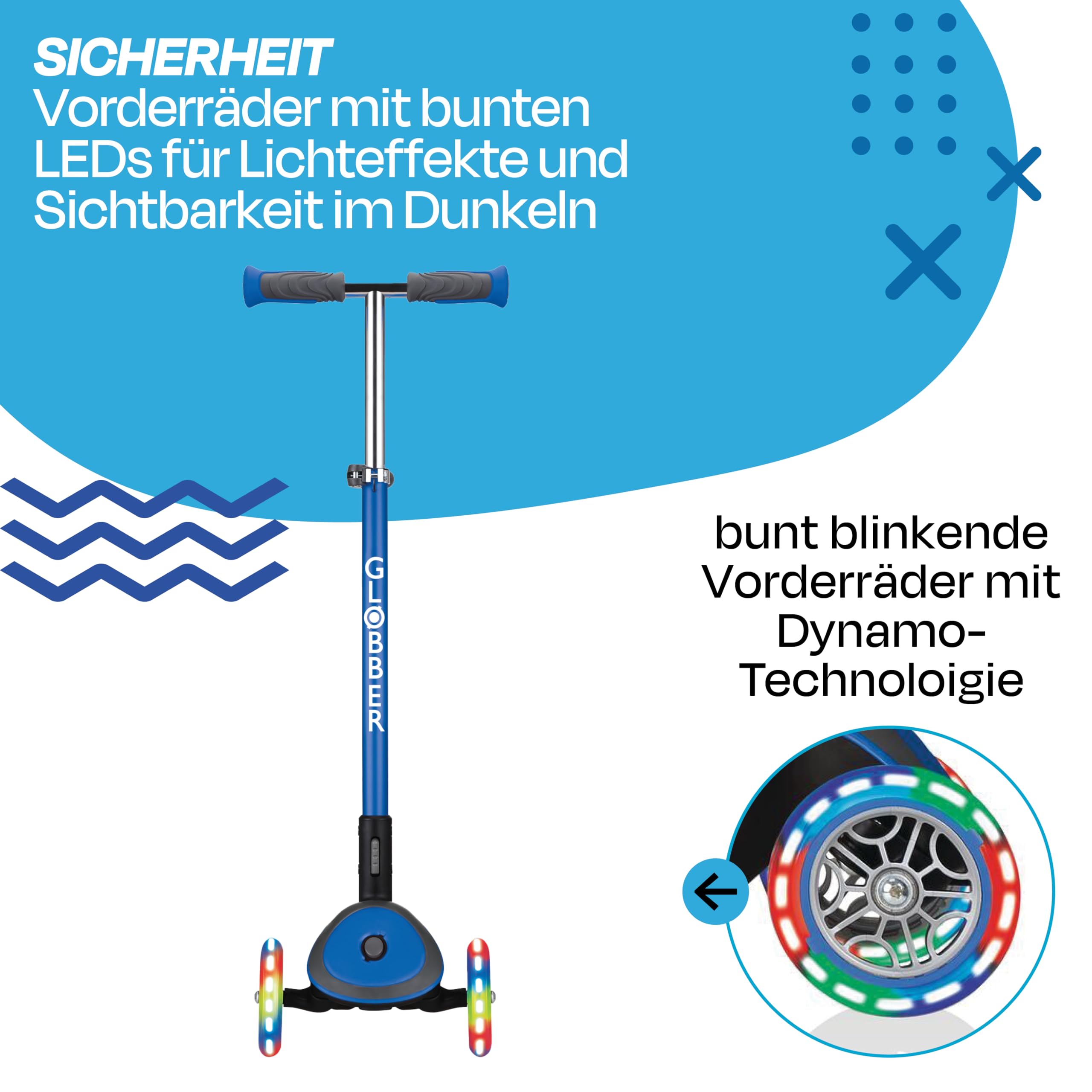 Globber - ELITE DELUXE LIGHTS - Monopattino pieghevole e illuminato a 3 ruote per bambini dai 3 ai 9 anni +, Blu marino