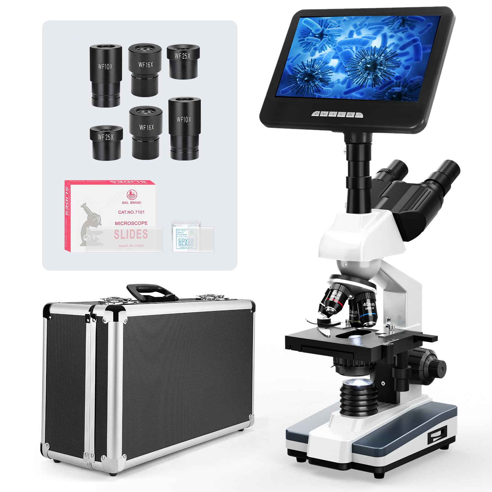 [24MP Smart Monitor Research-Grade] Vabiooth Lab Compound Trinocular Microscopes 40X-2500X Magnification with 7" Monitor Free Software-One Click Capturing Images &amp; Video, Measuring Lengths