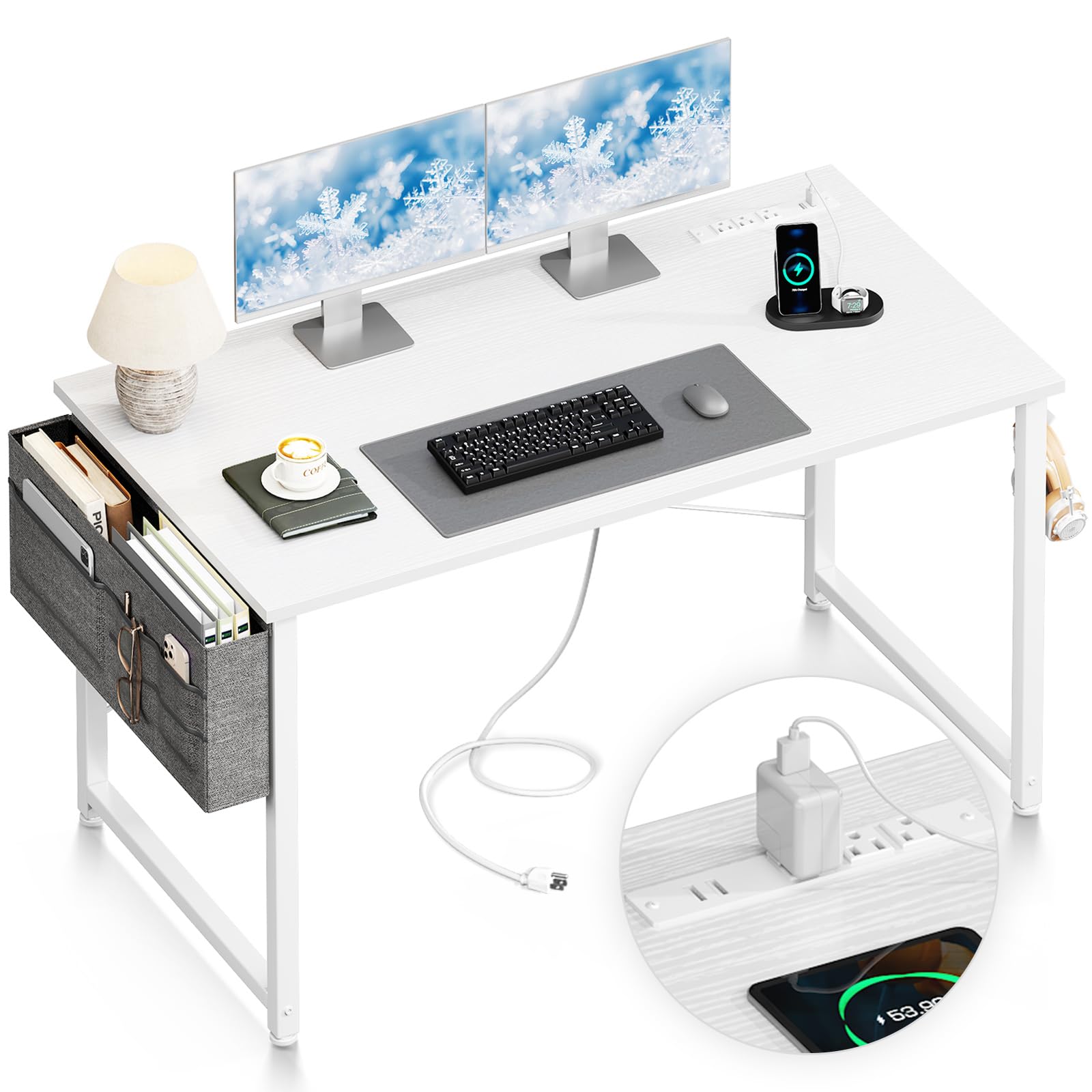 Casaottima Computer Desk - Office 48 Inch Writing Work Student Study Modern Simple Style Wooden Table with Storage Bag & Iron Hook and Built in Charging Station Outlets for Home Bedroom, White