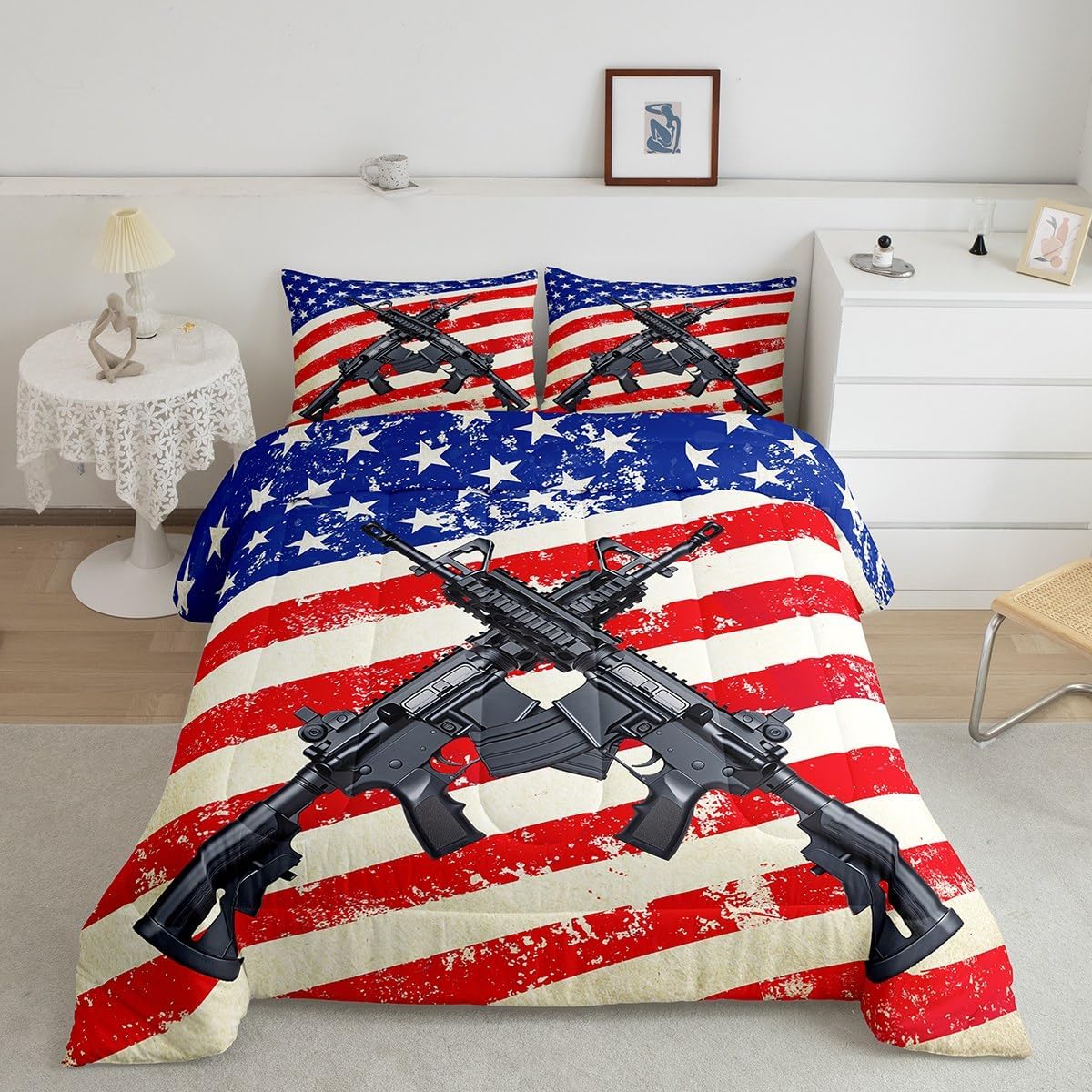Erosebridal American Flag Machine Guns Comforter Set Full,Red Blue United States Flag Bedding Set Military Theme Weapon Quilted Duvet Army Rifle Duvet Filler Vintage Stars and Stripes Bedroom Decor