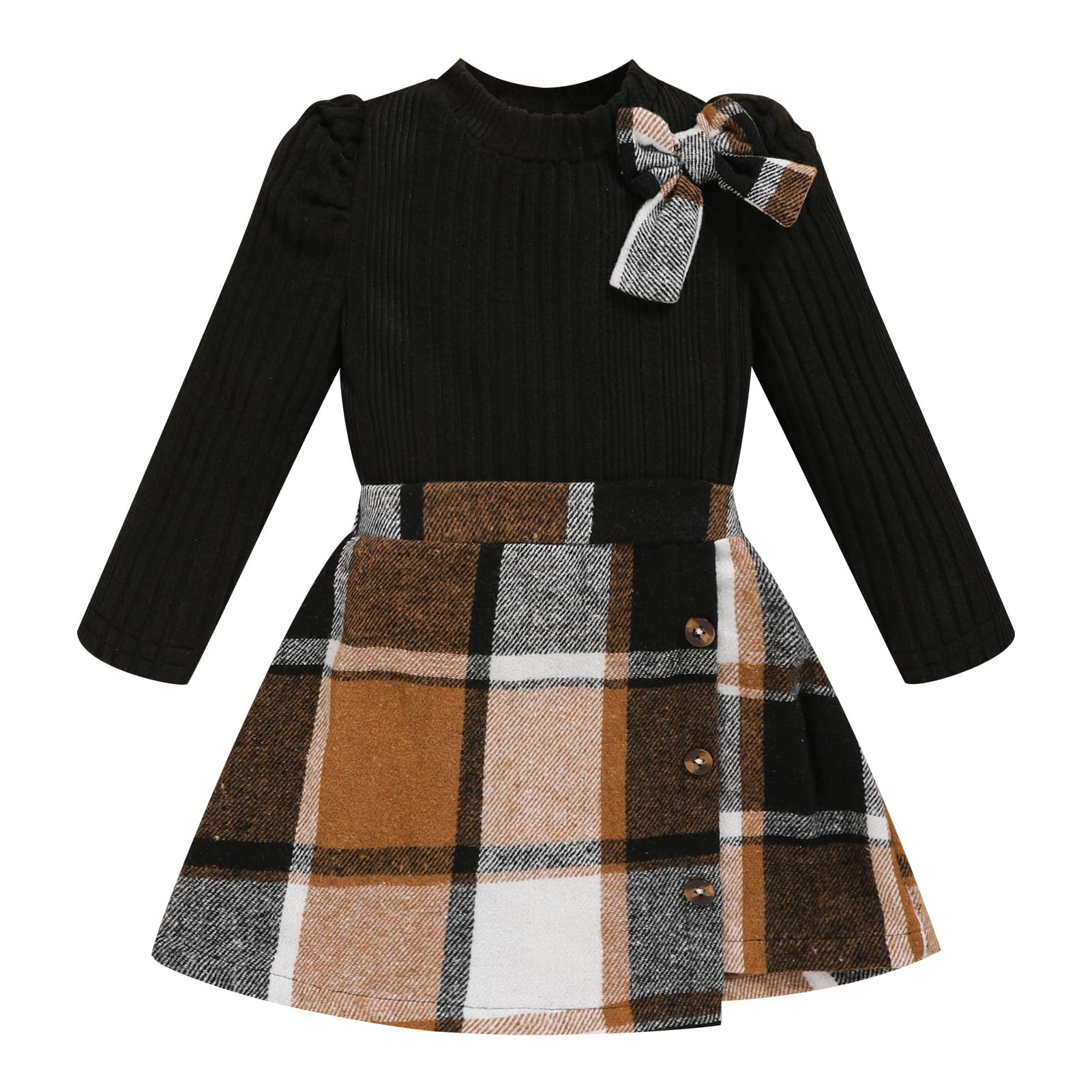 Toddler Girl Plaid Outfits Fall Winter Dress Knit Ribbed Bow Sweatshirt Tops and Button Fashion Skirts Set