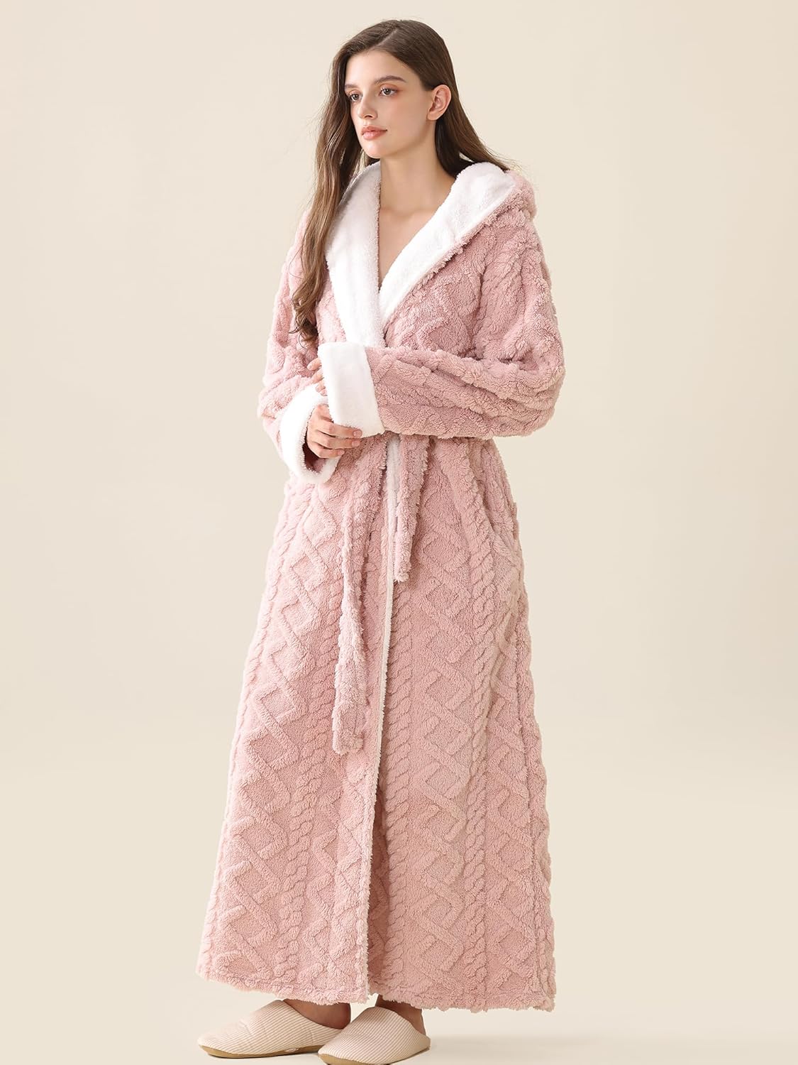 Women's Sherpa Fleece Housecoat Soft Warm Hooded Robe Long Fuzzy Housecoat with Hood - Image 3