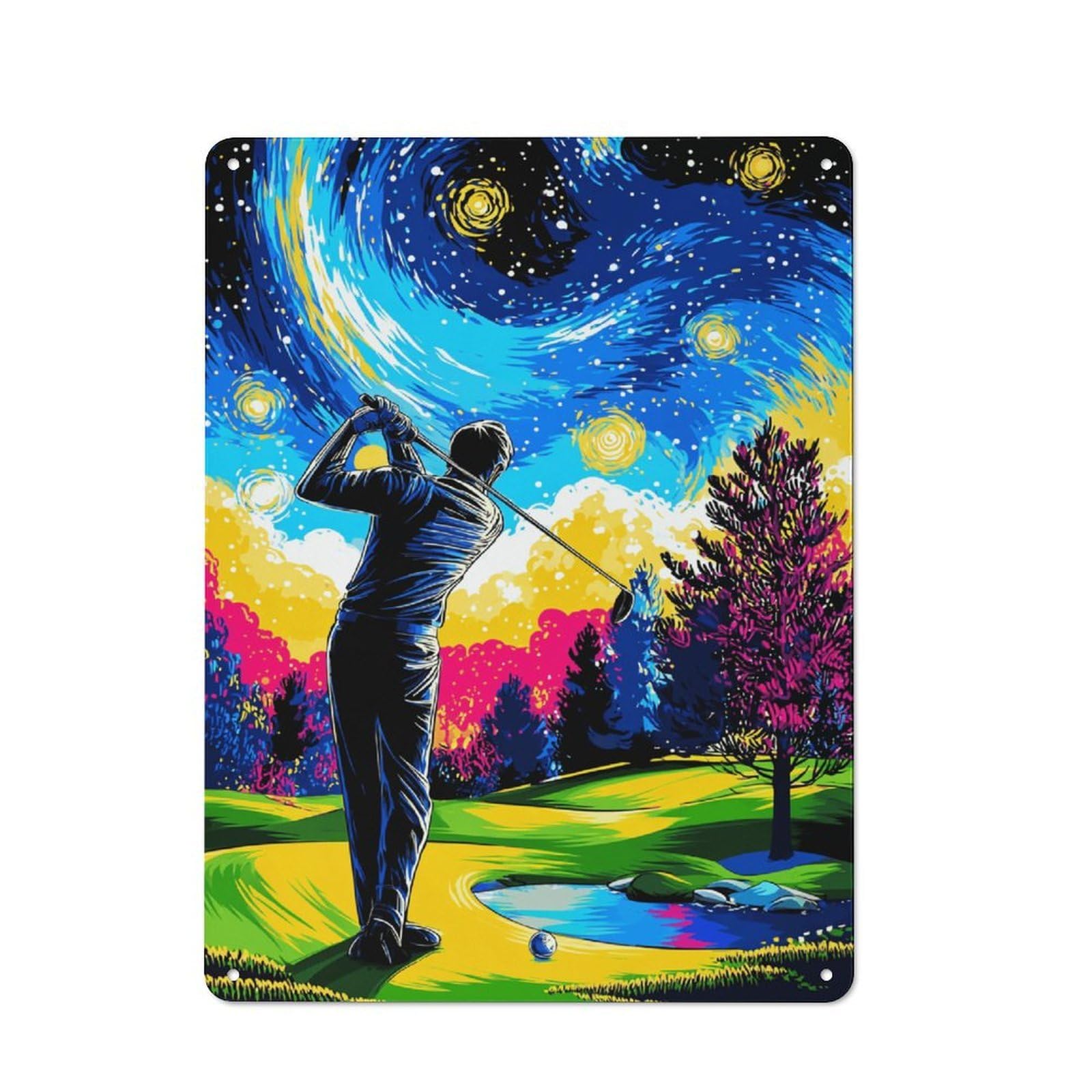 Junmoney Starry Night Golf Swing Tin Wall Plaque 40X30cm With For Home Office Or Studio, For Home Office Decor Fans