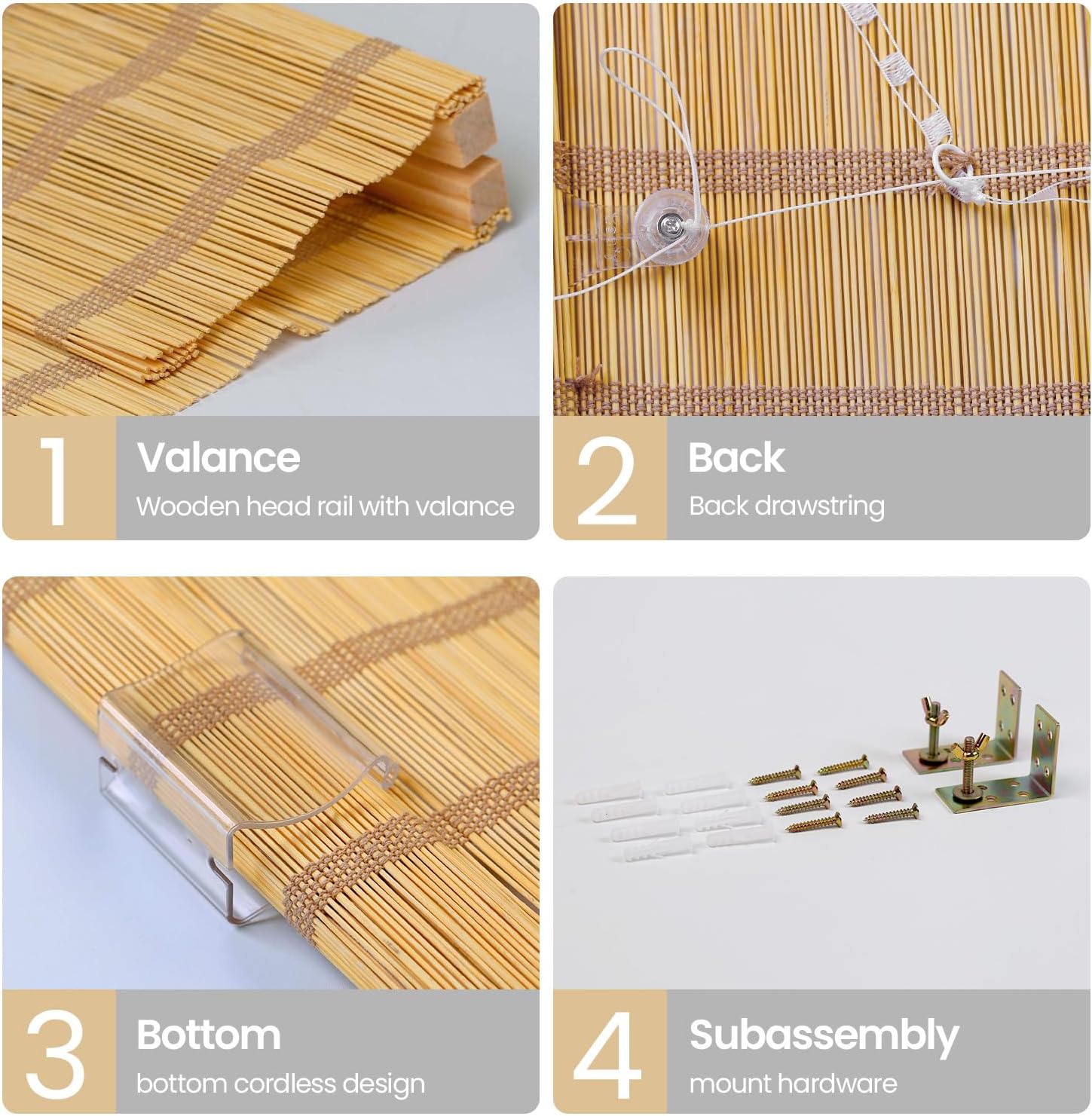 Custom Cordless Bamboo Roman Shades with Valance, Blinds for Indoor Windows and Doors, Blackout/Light Filtering Pull Down Bamboo Blinds for Interior Windows, Natural