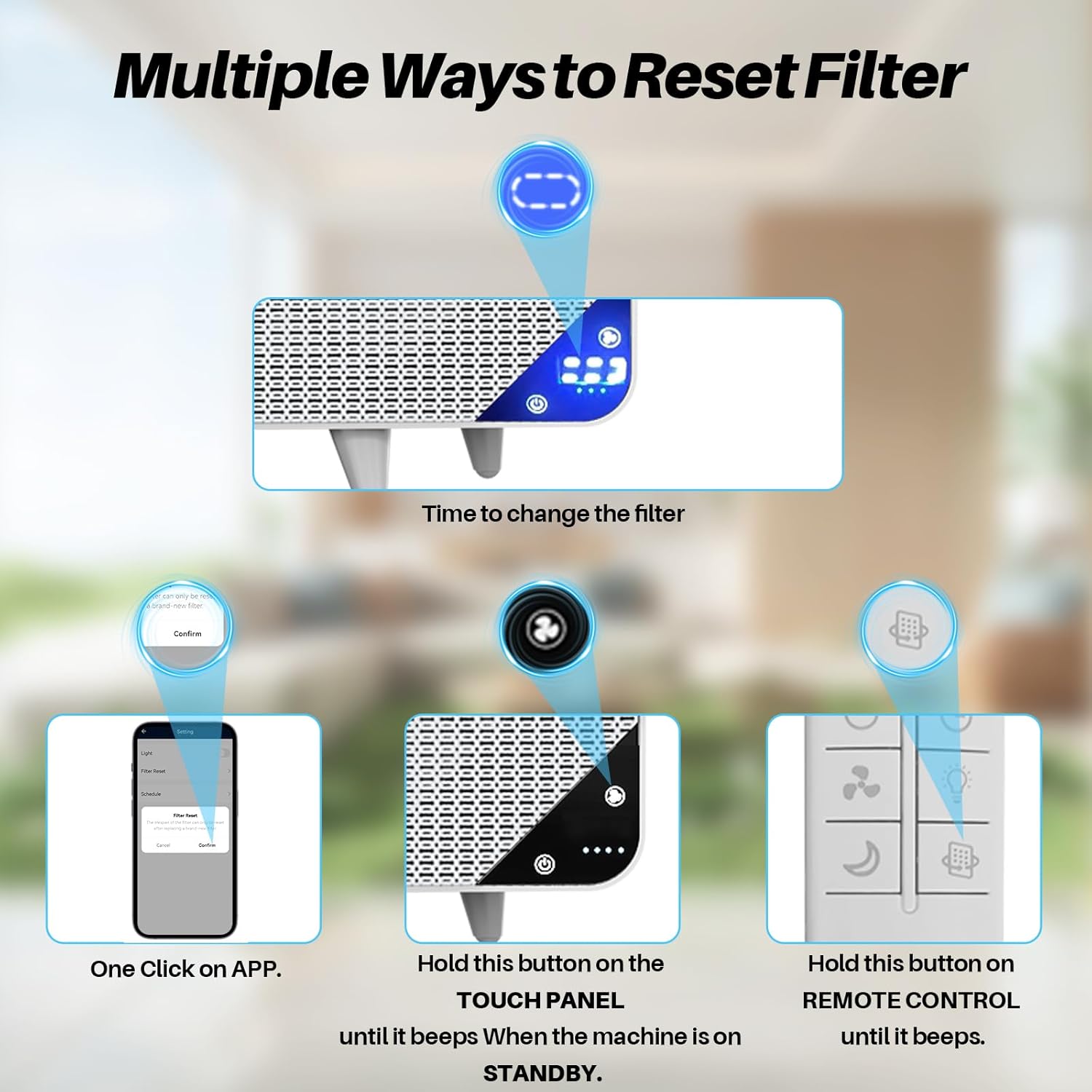Instructions for resetting the filter indicator using the app, touch panel, or remote control