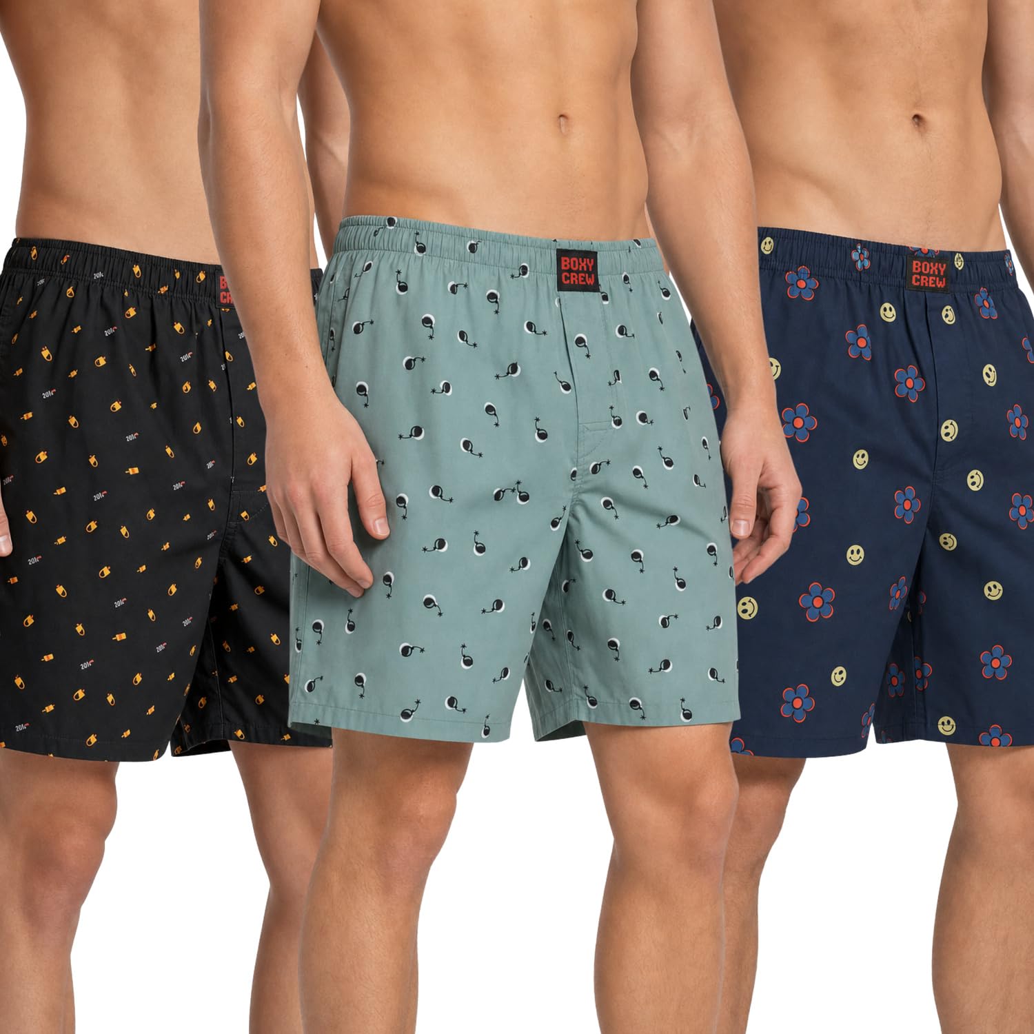 Men's 100% Cotton Printed Boxer Shorts Pack of 3 with Dual Side Pockets and Fabric-Covered Waistband - Black/Green/Navy Blue, Styles MBX016, MBX023, MBX029-image-24