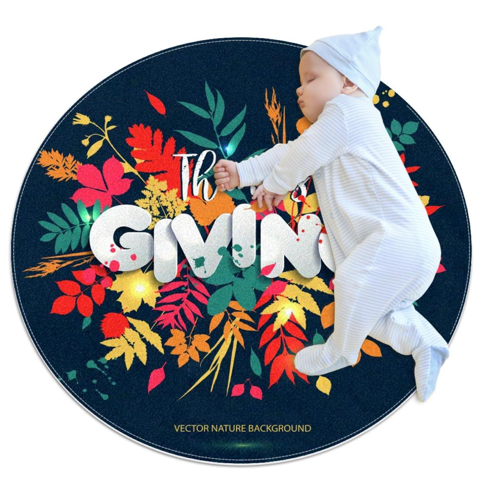 Tapis rond 1m antidérapant motif feuilles d'automne Thanksgiving