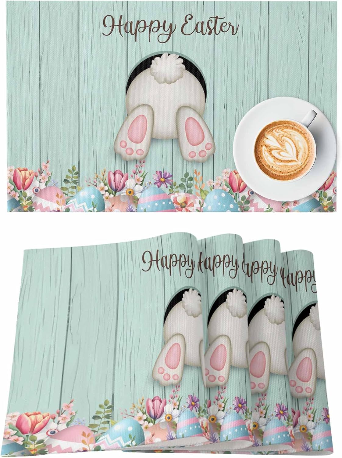 Artwork Store Easter Placemats Set of 6, Cotton Linen Heat Resistant Table Mats Non-Slip Washable Bunny Tail Easter Eggs Rabbit Spring Flowers Placemat for Holiday Banquet Dining Kitchen Table Decor