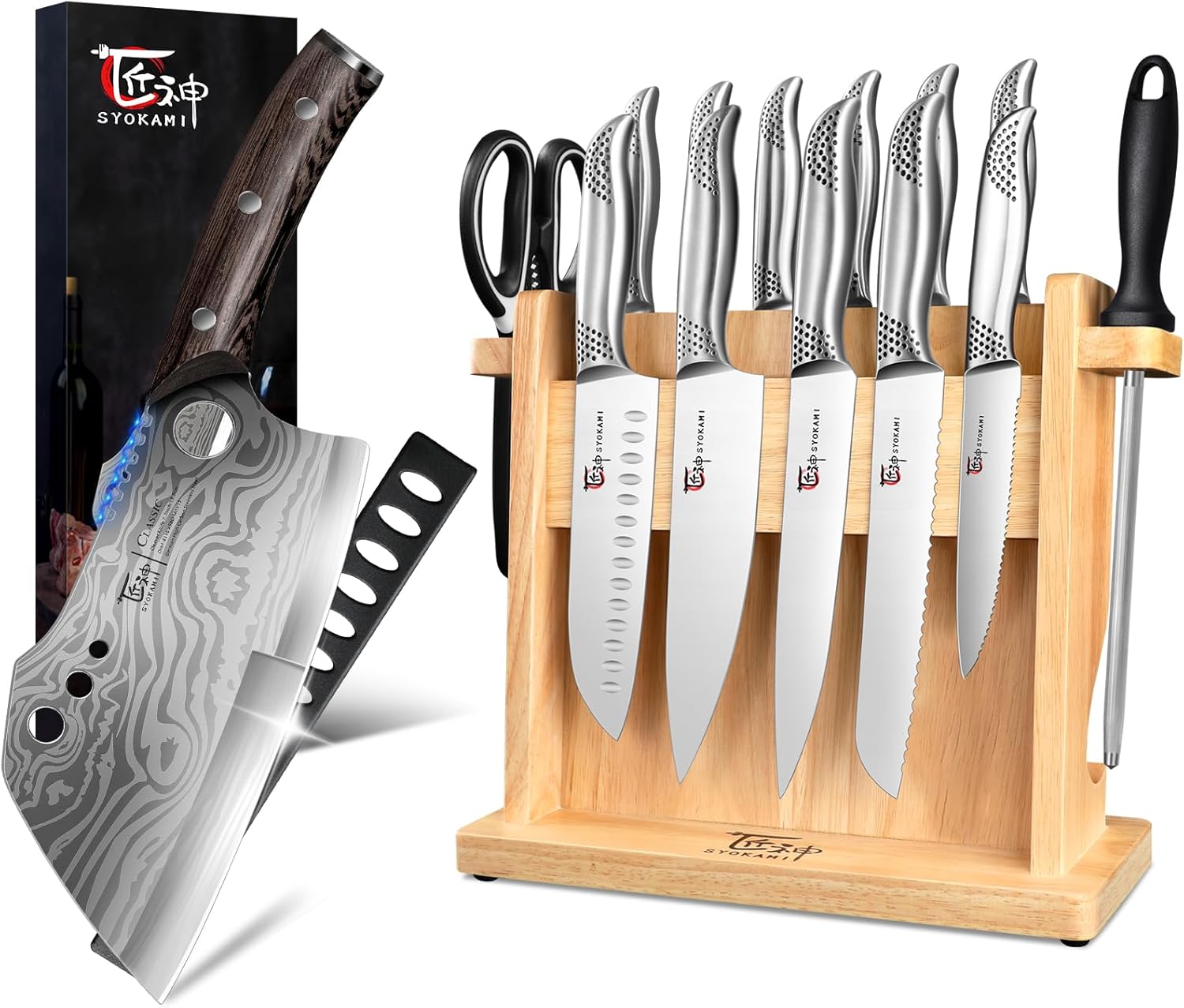 Knife Block Set 14 Pieces+Meat Cleaver Chef Knife 7.7 Inch