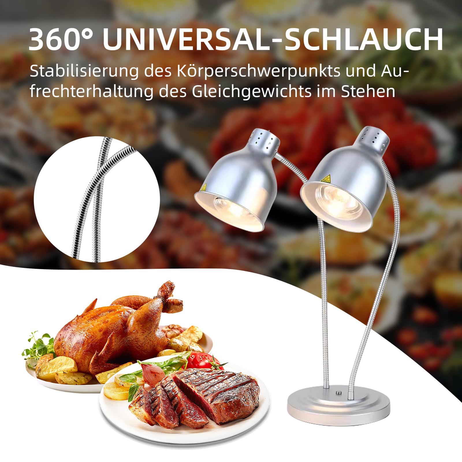 Lampe chauffante de cuisine - 250 W - Lampe infrarouge - Double tête - Autonome - Pour buffets, salle à manger, hôtels, commerciaux, maintien au chaud - Argenté