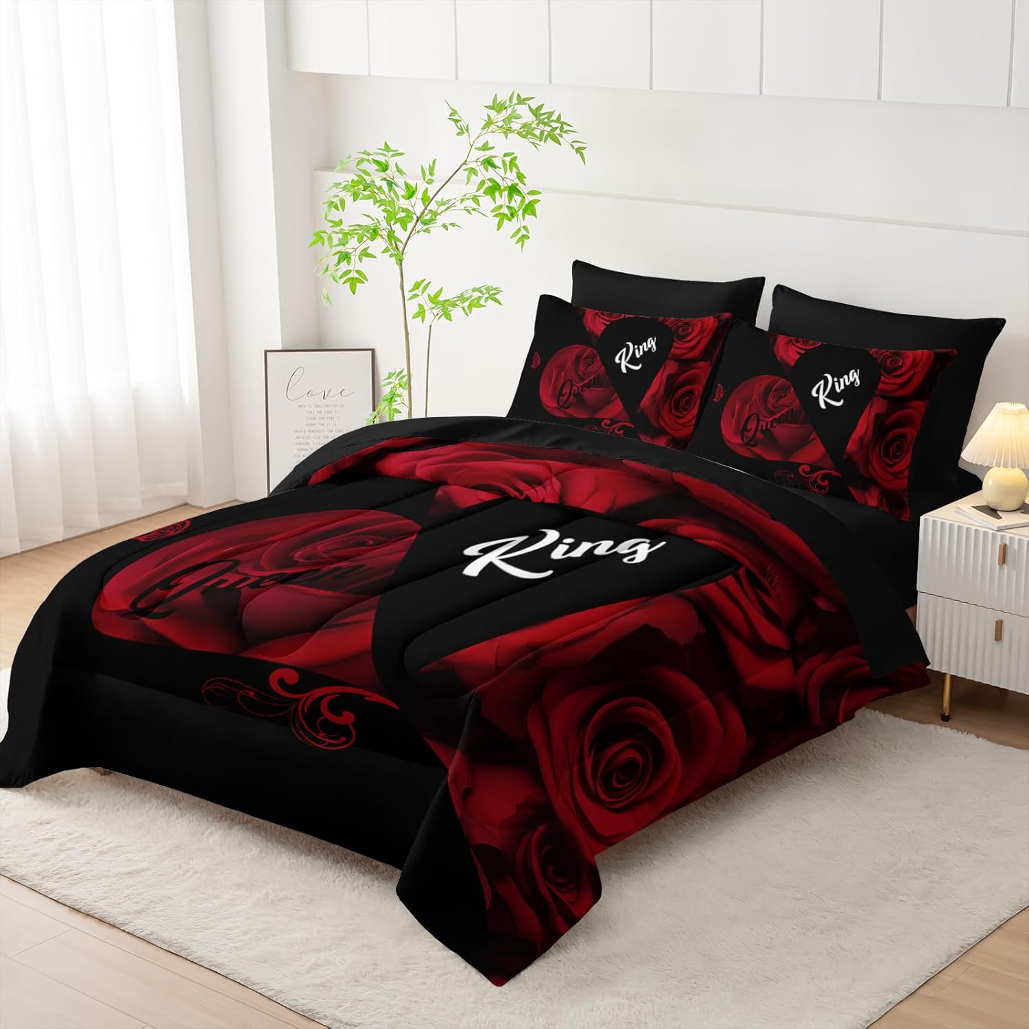 7 Piece Red and Black Rose King Comforter Set,King Quilt Bedding Set Rose,(1 Comforter, 1 Flat Sheet, 1 Fitted Sheet, 2 Pillowcase and 2 Pillow Sham) - Image 2