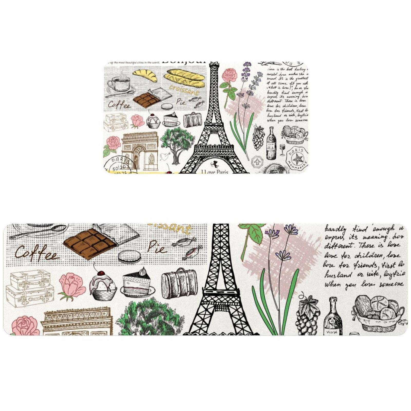 Tapis de cuisine rétro Paris en lot de 2, tapis antidérapants et lavables