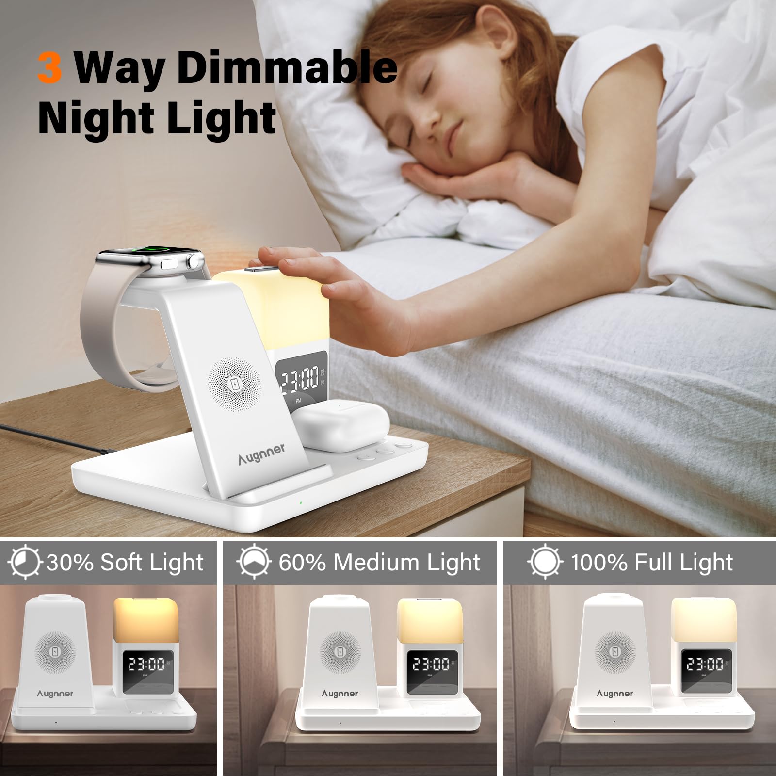 Caricatore Wireless Con lampada notturna e sveglia,6 In 1 Caricabatterie Wireless Induttiva Compatibile Con iPhone 16 15 14 13 12 11 XS/XR/X/8/8 Plus, Apple Watch, AirPods 4/3/2/Pro