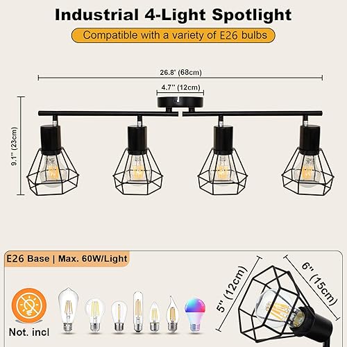 Miniatura 7 de HiBay Iluminación de riel de 4 luces de granja, lámparas direccionales de techo negro, foco industrial empotrado para cocina, comedor, dormitorio,