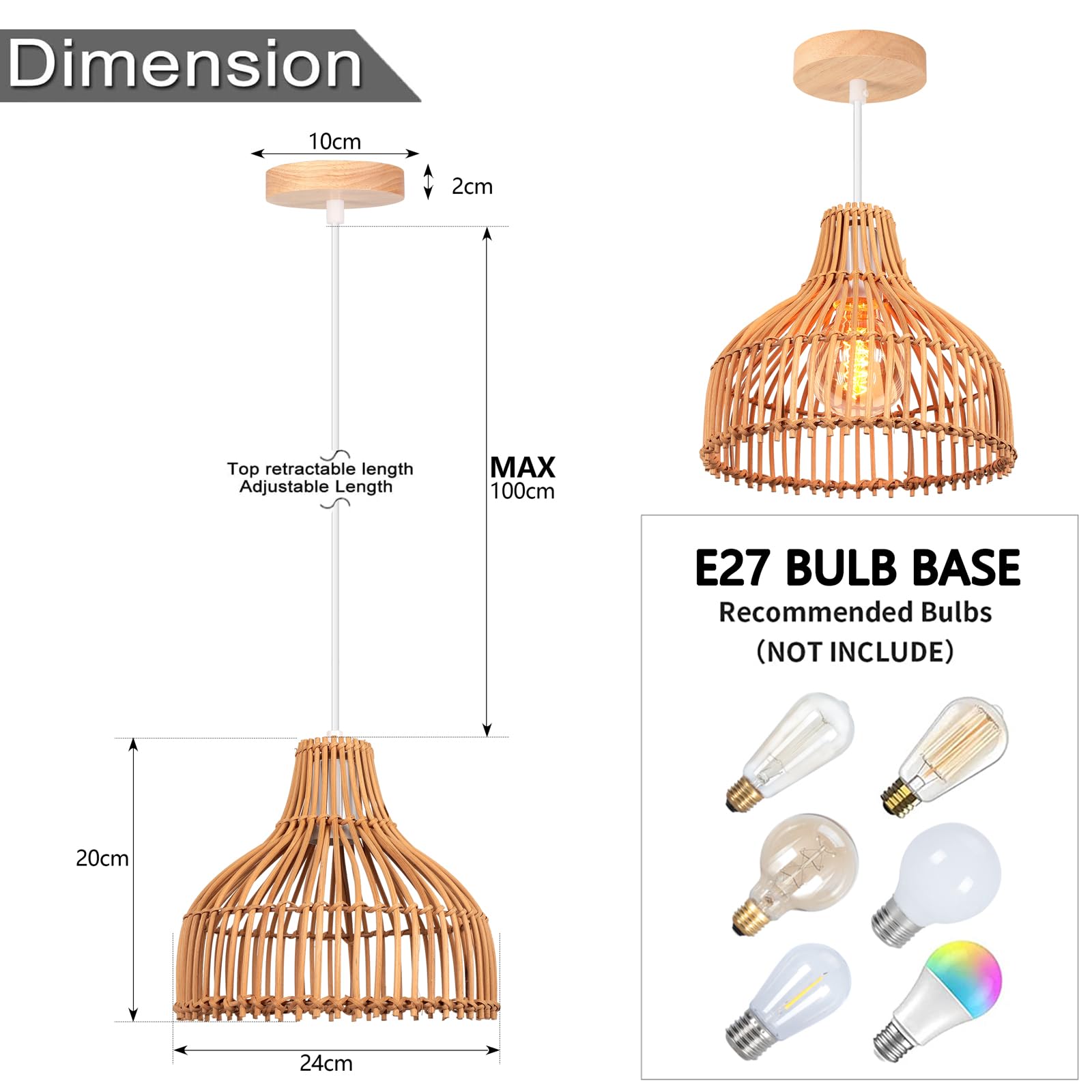 2 Pezzi Lampade a Sospensione Rattan E27 Lampadario Vintage Ø24cm Paralume Bambù Lampadari, Boho Lampada da soffitto Legno per Salotti Cucine Ristoranti Caffè