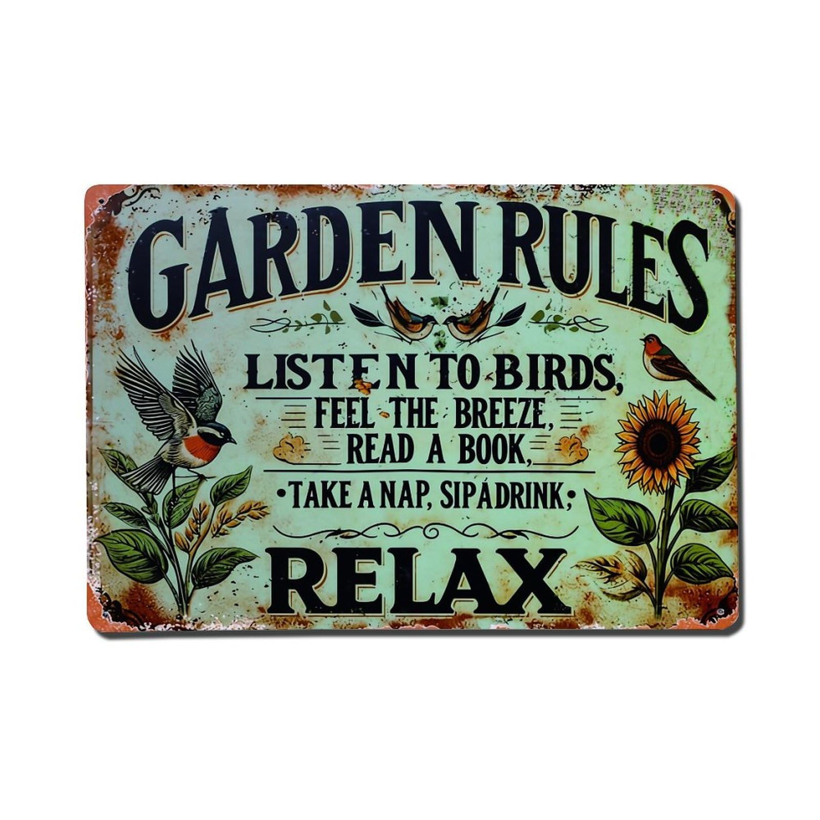 Garden Rules Listen Birds Breeze Book Nap Drink Relax Vintage Tin Sign Retro Metal Wall Decor Metal Poster, Home Bar Garage Farmhouse Cafe Wall Art Decoration 8x12Inches
