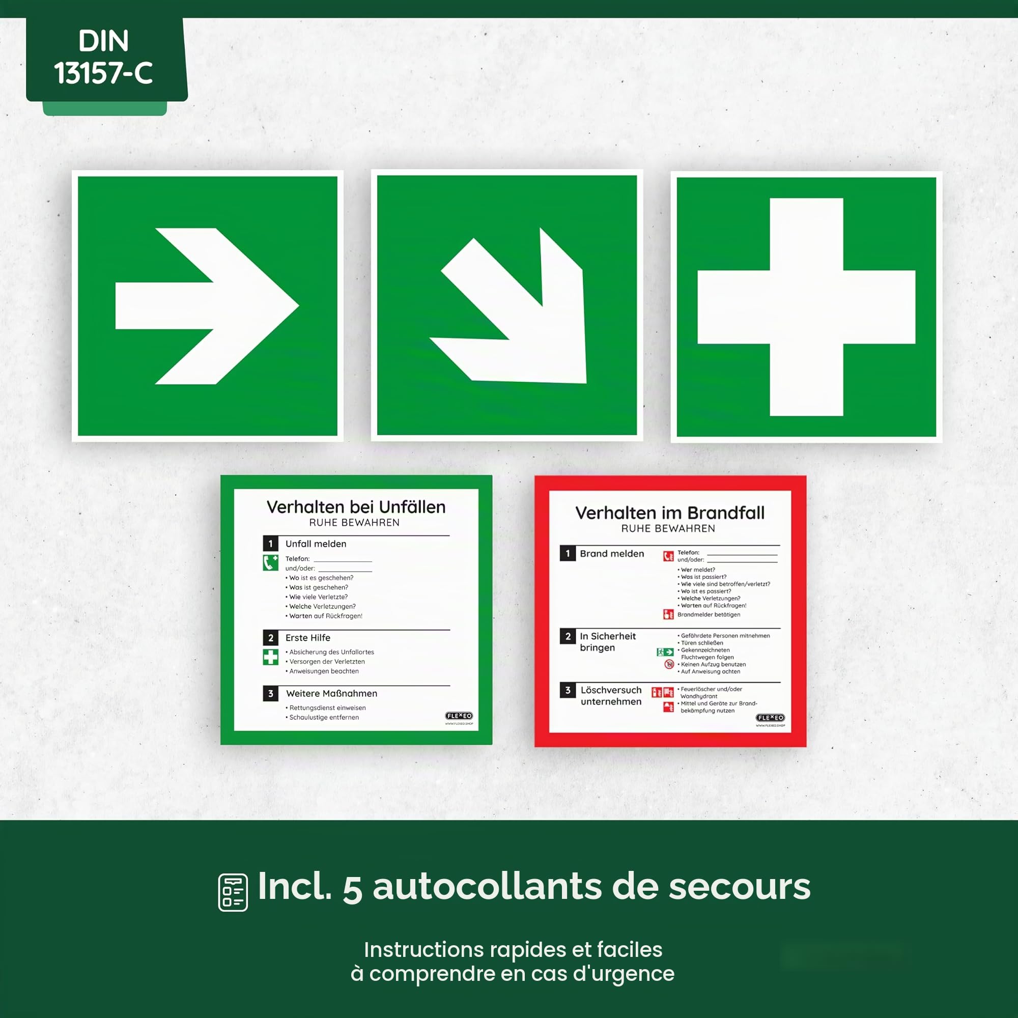 FLEXEO boîte de secours selon la norme DIN 13157:2021, avec support mural/montage mural, trousse de premiers secours d'entreprise/mallette de premiers soins pour entreprises, bureaux chantiers (Vert)