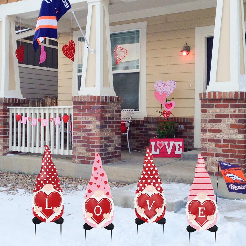 hogardeck Valentines Day Decorations Outdoor, 4 Pcs Metal Gnomes Decorative Garden Stakes for Valentines Day Decor, Yard Sign with Love Garden Decor for Home Outside Lawn Porch Anniversary Wedding