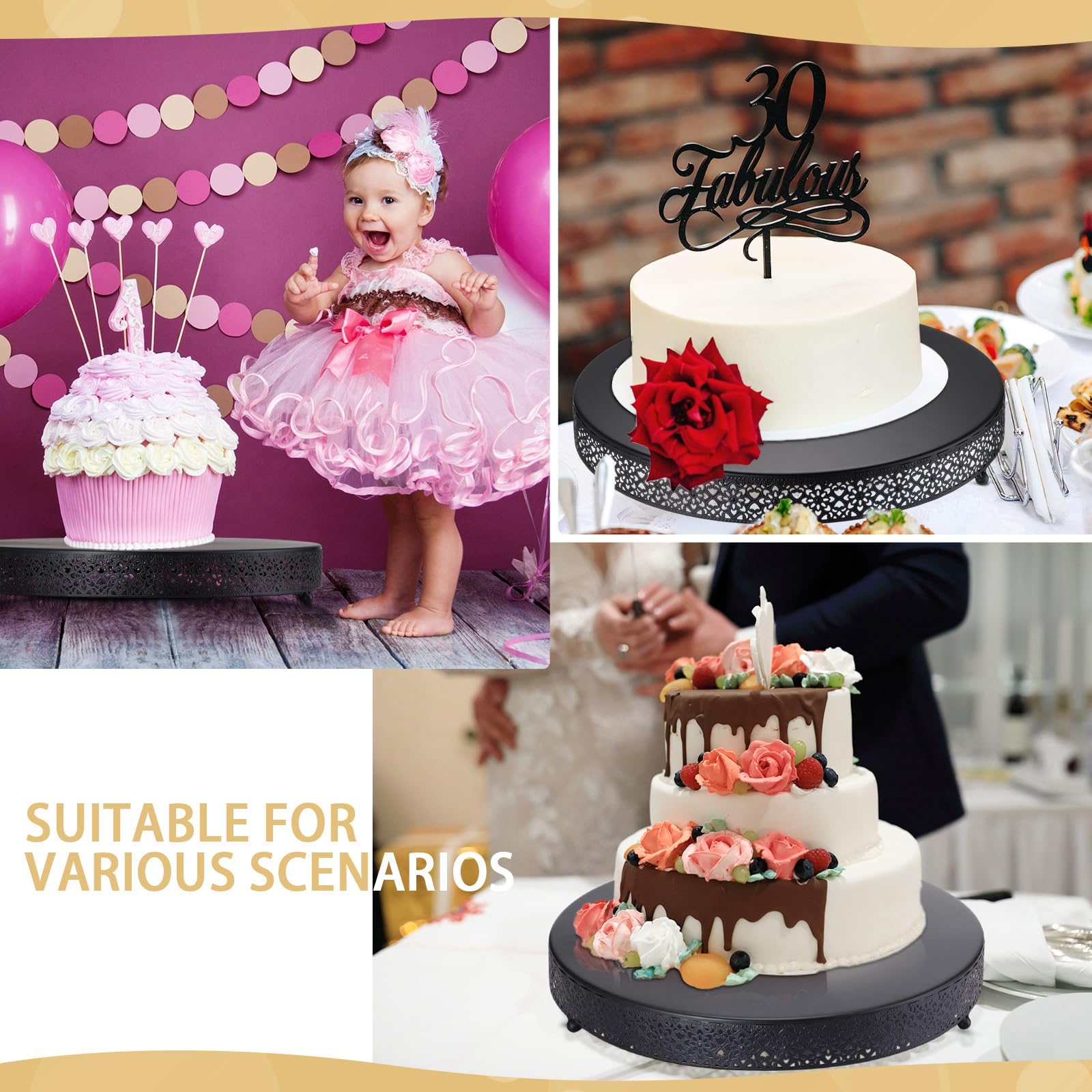 Wenqik Tortenständer, rund, Metall, für Cupcakes, Desserts, Hochzeit, Kuchen, Kekse, Präsentationshalter, Obst-Serviertablett für Tisch, Hochzeit, Geburtstag, Jahrestag, Party, Schwarz, 35,6 cm