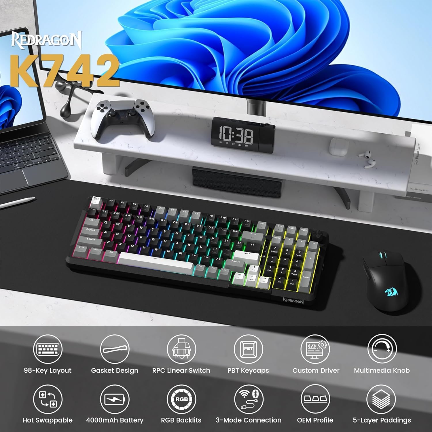 Redragon K742 Gasket Teclado Gaming Mecánico Inalámbrico, 2.4Ghz/BT/USB-C, Hot-Swappable, Iluminación RGB, Soporte de Software, 98 Teclas, Snap Tap, Espumas Absorbentes, para Win/PC/Mac