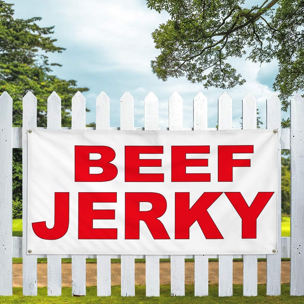 Vinyl Banner Multiple Sizes Beef Jerky Red Food Bar Restaurant Truck Restaurant & Food Outdoor Weatherproof Industrial Yard Signs 4 Grommets 24x36Inches