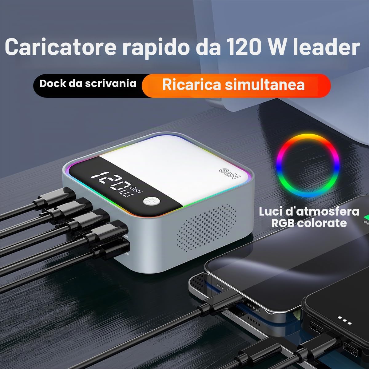 120W Caricabatterie rapido, stazione di ricarica USB C GaN 8 porte con porta di ricarica rapida PD3.0 e QC3.0 da 100W e display digitale intelligente