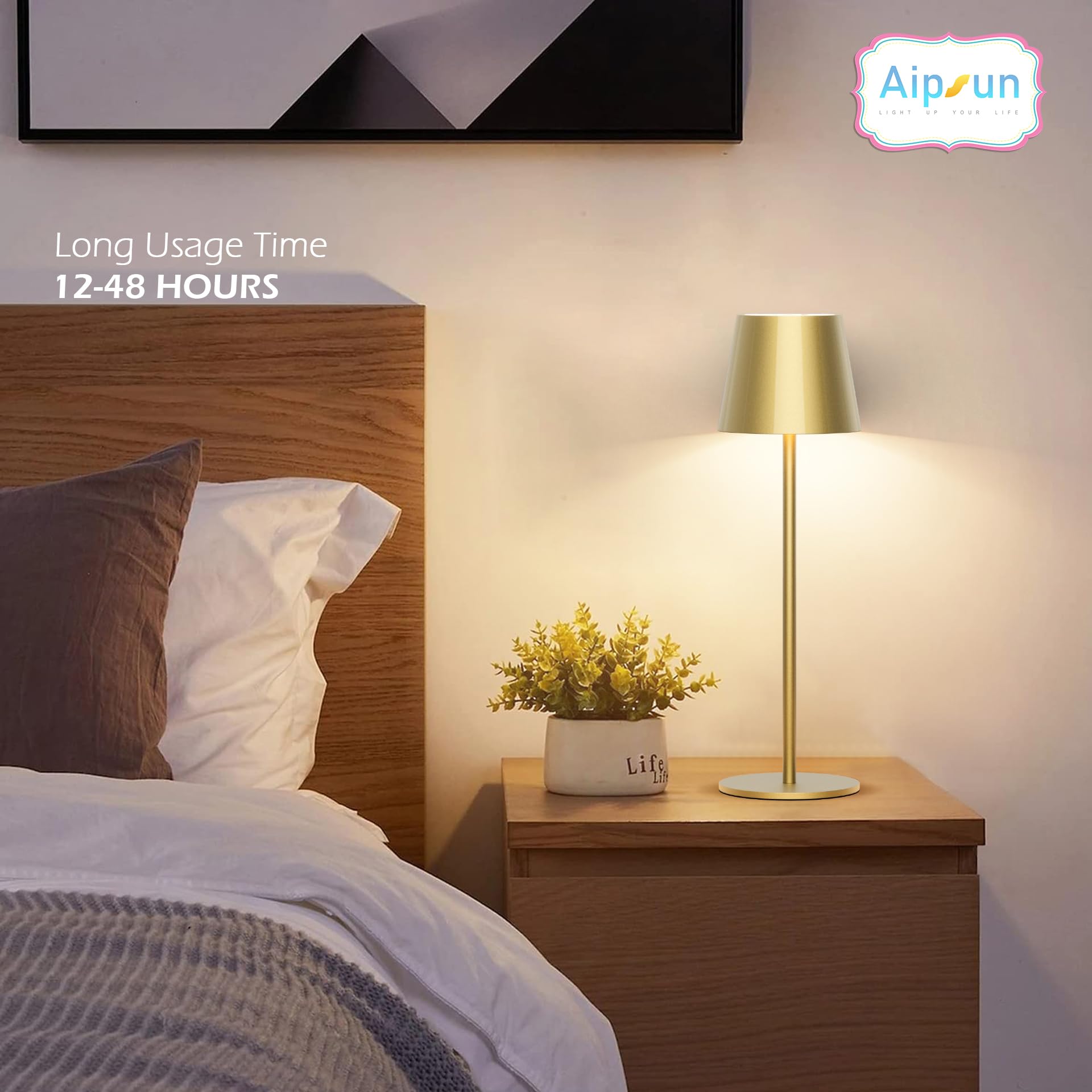 Aipsun 2 Stück Dimmbare LED akku Tischlampe Gold mit 5000mAh, Touch Dimmbar 8 Farben warme 3000K+ RGB tischleuchte kabellos, Aluminium, USB-C, IP54, für den Innen und Außenbereich