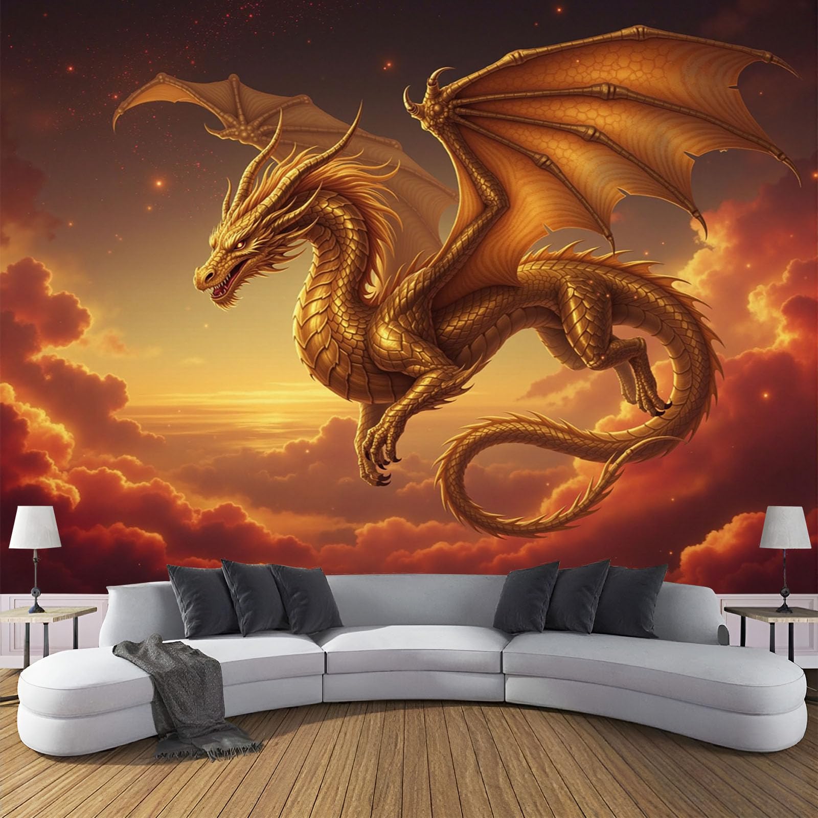 Papier Peint Panoramique 3D pour Agrandir un Salon Sombre Dragon Mystique
