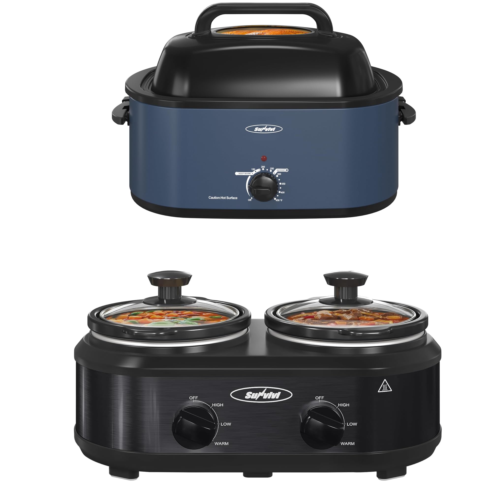 Roaster Oven And Double Slow Cooker 24 Quart Electric Roaster Oven with Glass Lid 2 Pot Small Mini