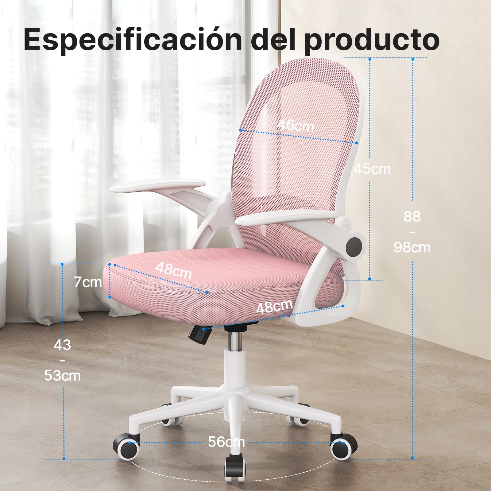 rattantree Silla de Oficina, Silla de Escritorio Ergonómica con Respaldo de Malla Transpirable y Asiento, Silla de Ordenador, Regulable en Altura, Reposabrazos Abatibles, Para Estudio de Oficina, Rosa