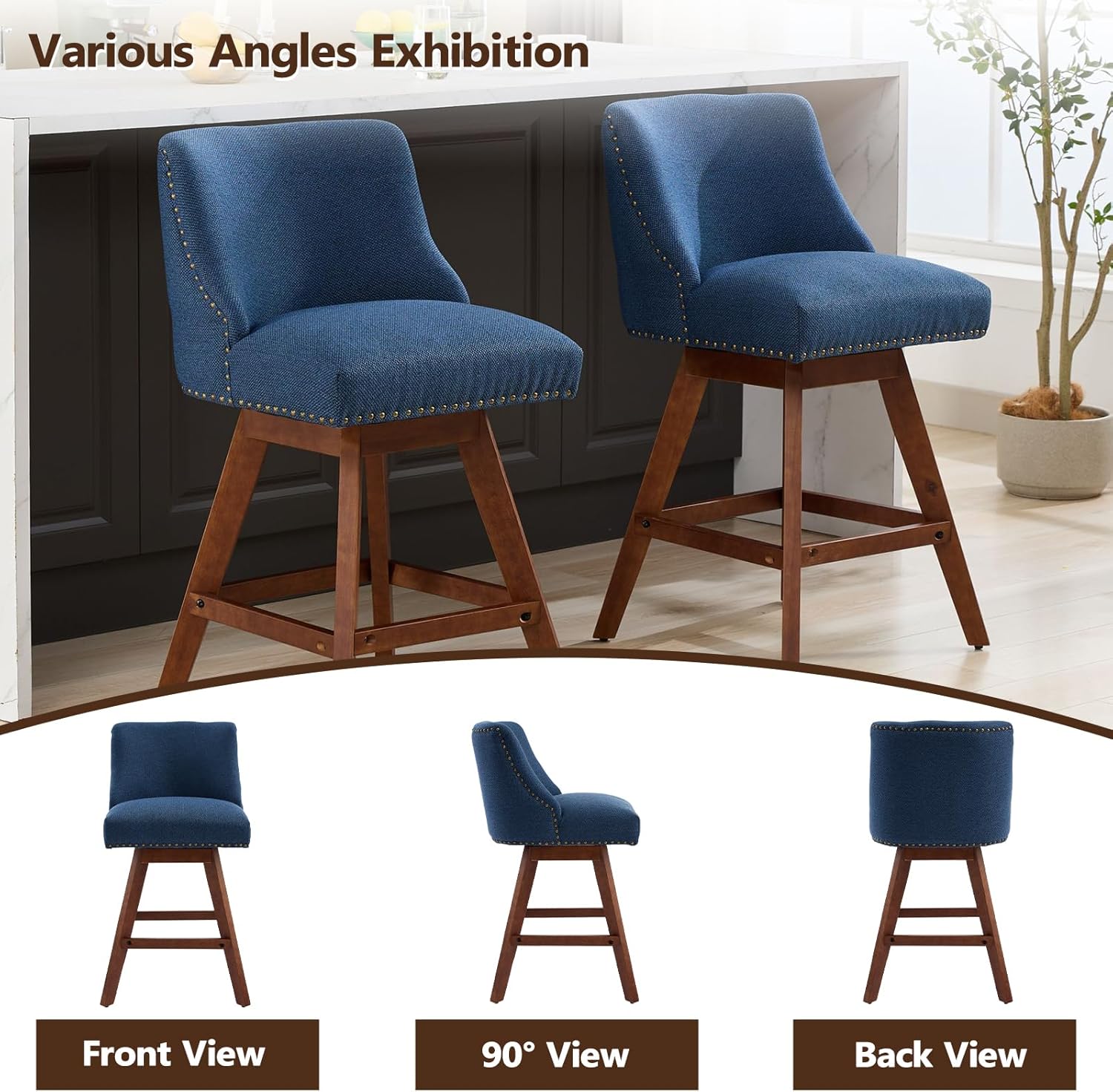 cinkehome Swivel Counter Height Bar Stool with Back Set of 4, 26" High Modern Barstools or Kitchen Island, Upholstered Bar Stools with Sturdy Wood Legs, Dinings, Pub, Blue