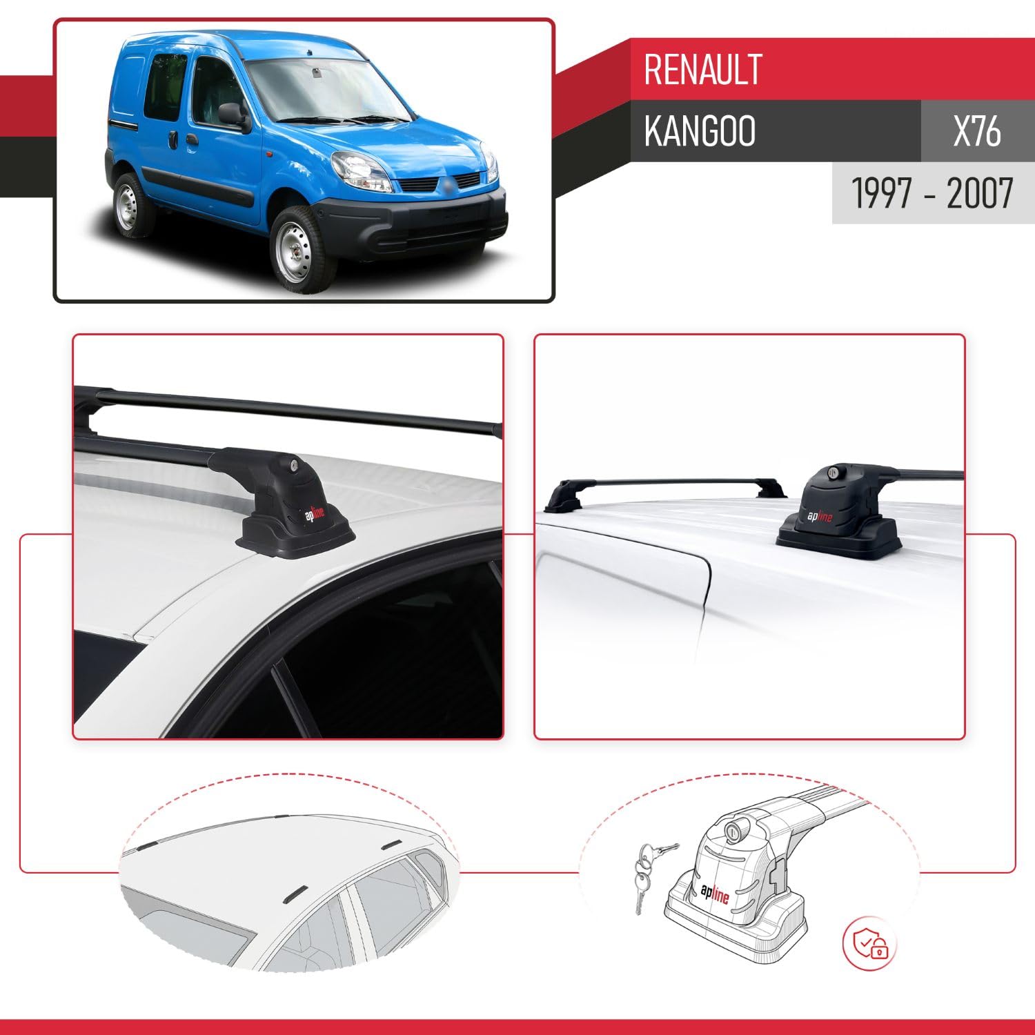 Kompatybilny z Renault Kangoo 1996-2007 ACE-3 Model Aluminiowy bagażnik dachowy 2 poprzeczki, czarne