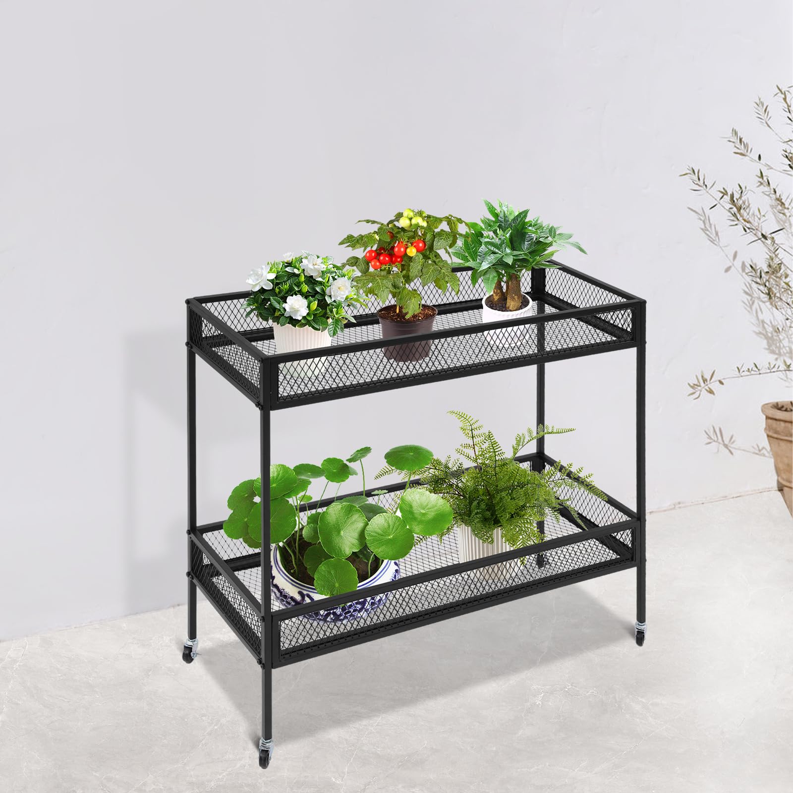 Genérico Carro utilitario de Hierro de 2 Niveles con Ruedas, Negro, 102 x 41 x 102,5 cm