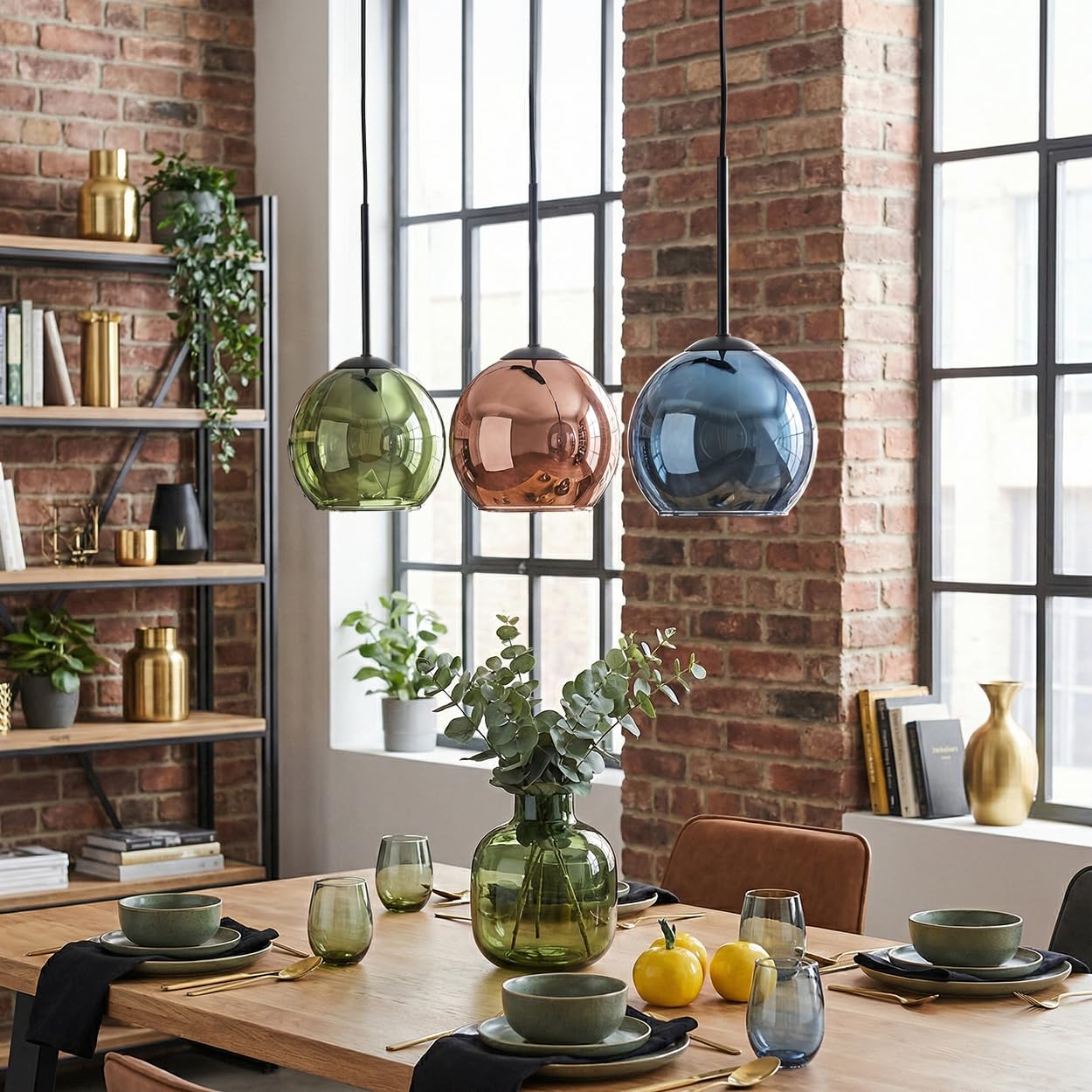 HOFSTEIN Hängeleuchte Koyoto, 3-flammige Hängelampe aus Metall/Glas in Schwarz/Blau/Grün/Kupfer, moderne Pendelleuchte im Retro/Vintage-Design, Schirme Ø 15 cm, E27, Esszimmer, Küche, Wohnzimmer