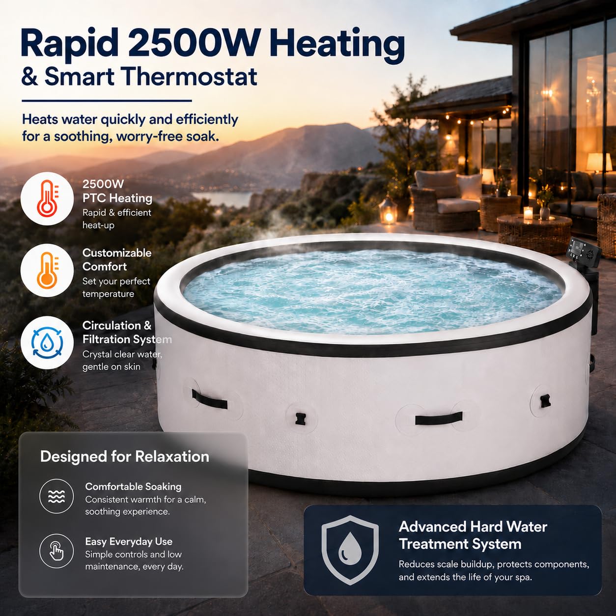 Spa Gonflable Extérieur 4-6 Places Blanc Épuré Ø206cm, Bain à Remous Chauffage Isolé 40°C, 150 Buses de Massage Intégral, Structure PVC Solide, Système LED Aquatique 6 Couleurs