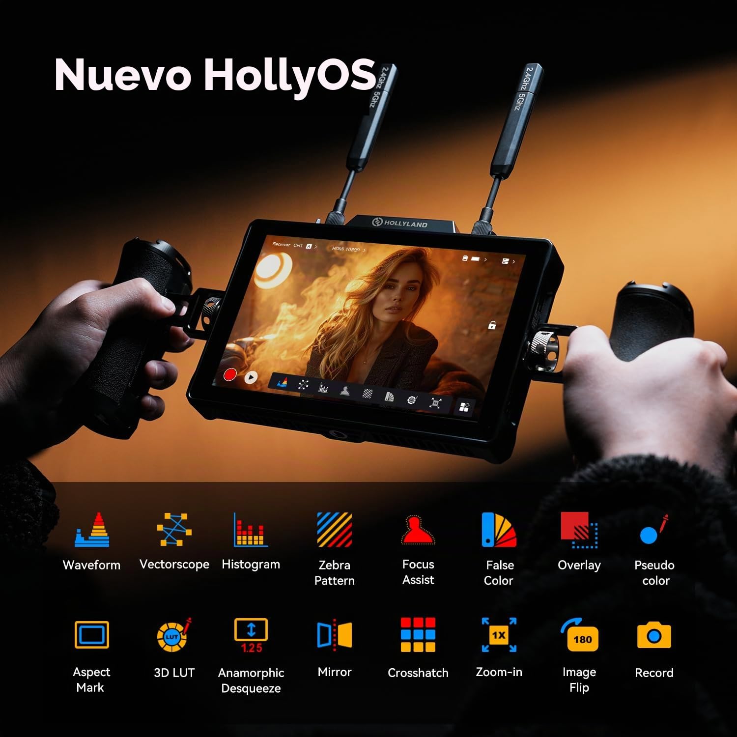 Hollyland Pyro 7 Cámara Field Monitor 7" Transmisor y Receptor Vídeo Inalámbrico, HDMI y SDI Alcance 400 m, Latencia 60 ms, Salto Automático de Doble Banda con Forma de Onda, 3D LUT, Grabación (2 Set)