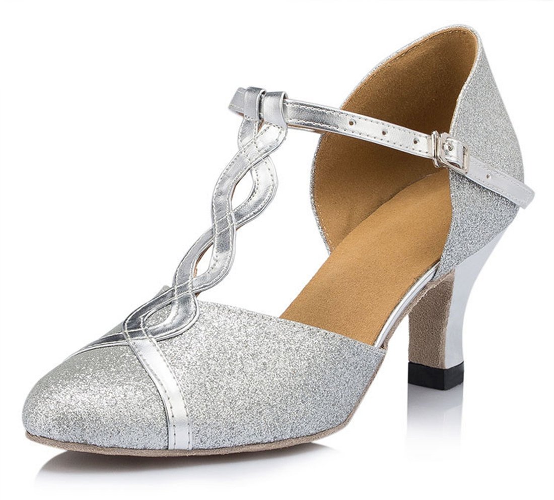 TDA Women's Mid Heel T-Strap Glitter Silver Synthetic Salsa Tango Ballroom Latin Modern Dance Wedding Shoes 7 M US