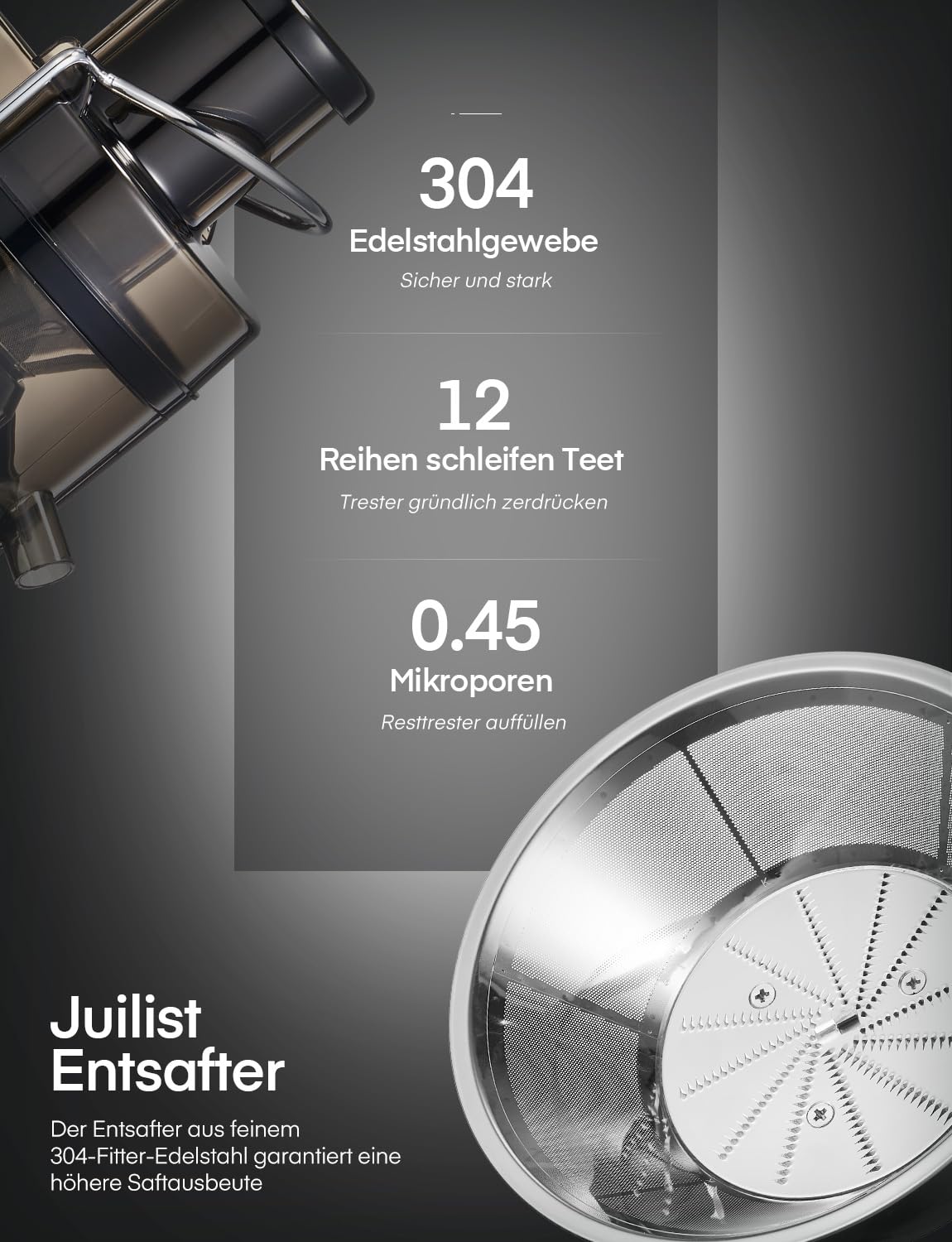 JUILIST Entsafter Gemüse und Obst, 65 mm Einfüllschacht, 3 Einstellungen, Mit Reinigungsbürste, Leicht zu Reinigen, Schwarz