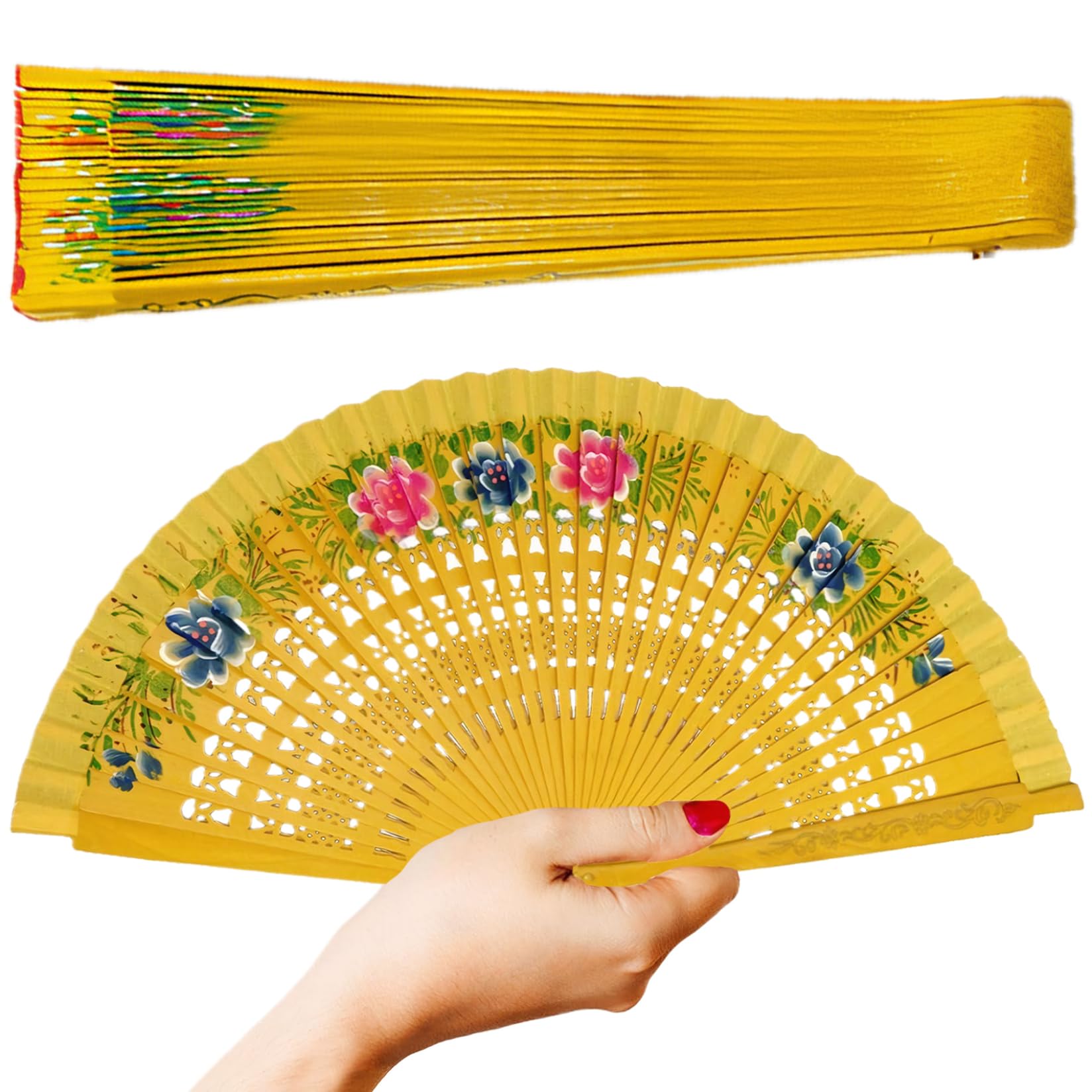 Gcroet Spanischer Fächer, Vintage-Blumen-Handfächer aus Holz, faltbar, handbemalt, dekorativ für Tanz, Hochzeit, Heimdekoration, Rot.