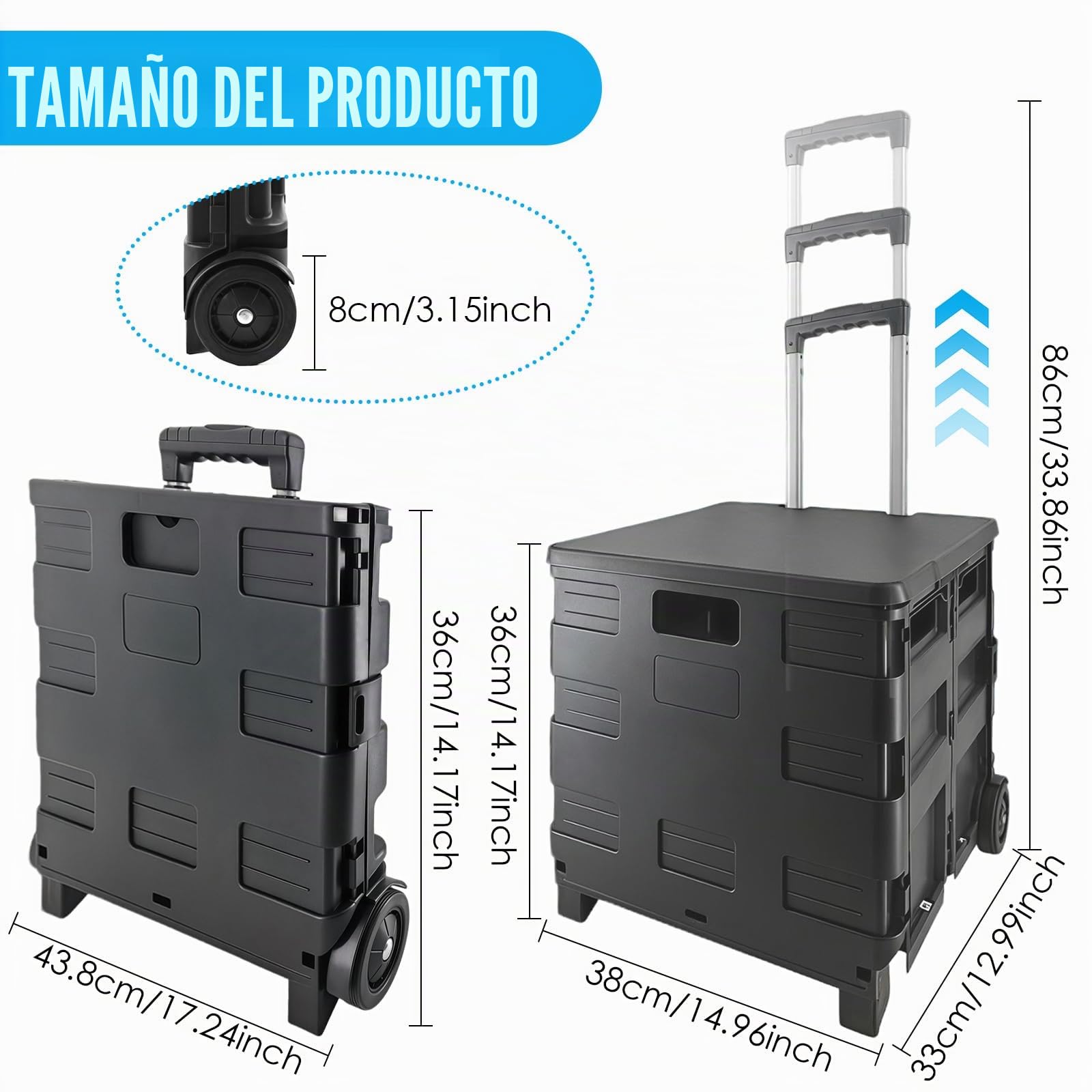 Carro Compra Plegable 45L con Tapa y Asa Telescópica – Carro Plegable con Ruedas para Supermercado, Camping y Mercado – Carrito de la Compra con Capacidad 25 kg