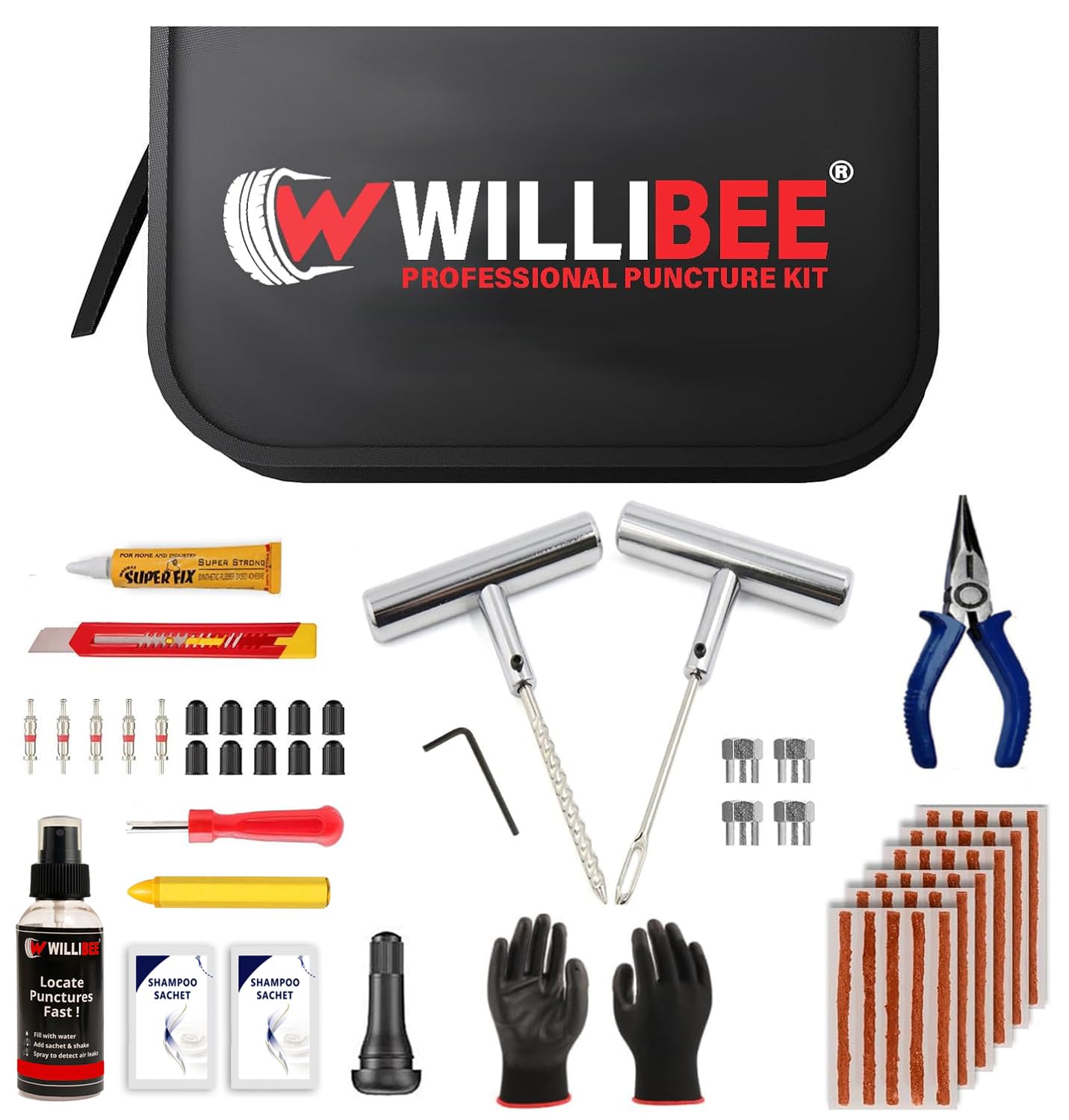 WILLIBEE 17-in-1 (Pack of 20 Strips) Tubeless Tyre Puncture Repair Kit for Car & Bike | Heavy-Duty Metal Handle Puncher Kit (Includes Storage Bag) | Complete Emergency Tyre Fix Set