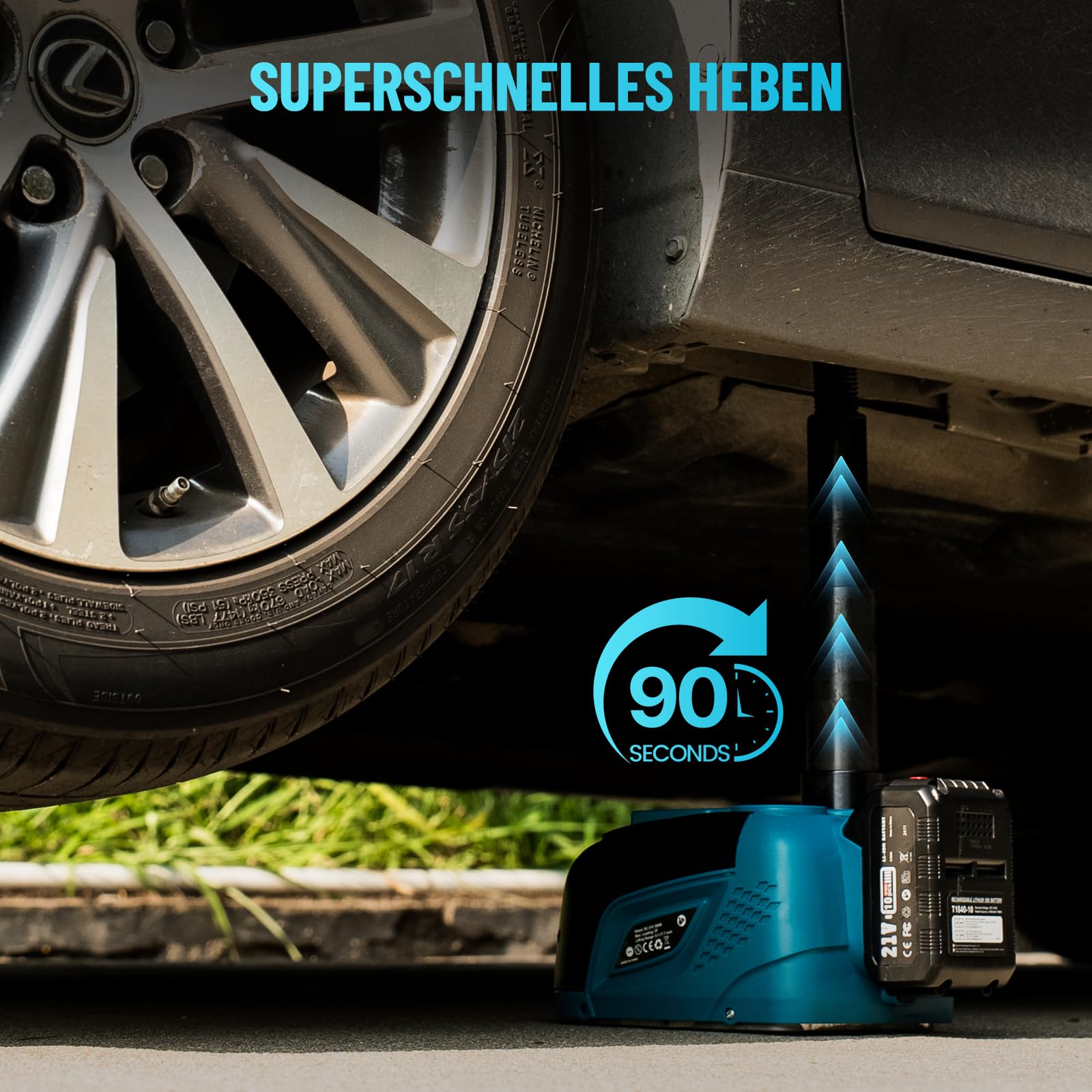 Seesii Elektrischer Wagenheber 5T 3T mit Akku, 21V Akku-Hydraulik Wagenheber Set mit 4,0Ah Batterie & Ladegerät, Kabelloses Reifenwechsel-Set für Auto, SUV, MPV & Pickup (Hubhöhe 15,5–45 cm)