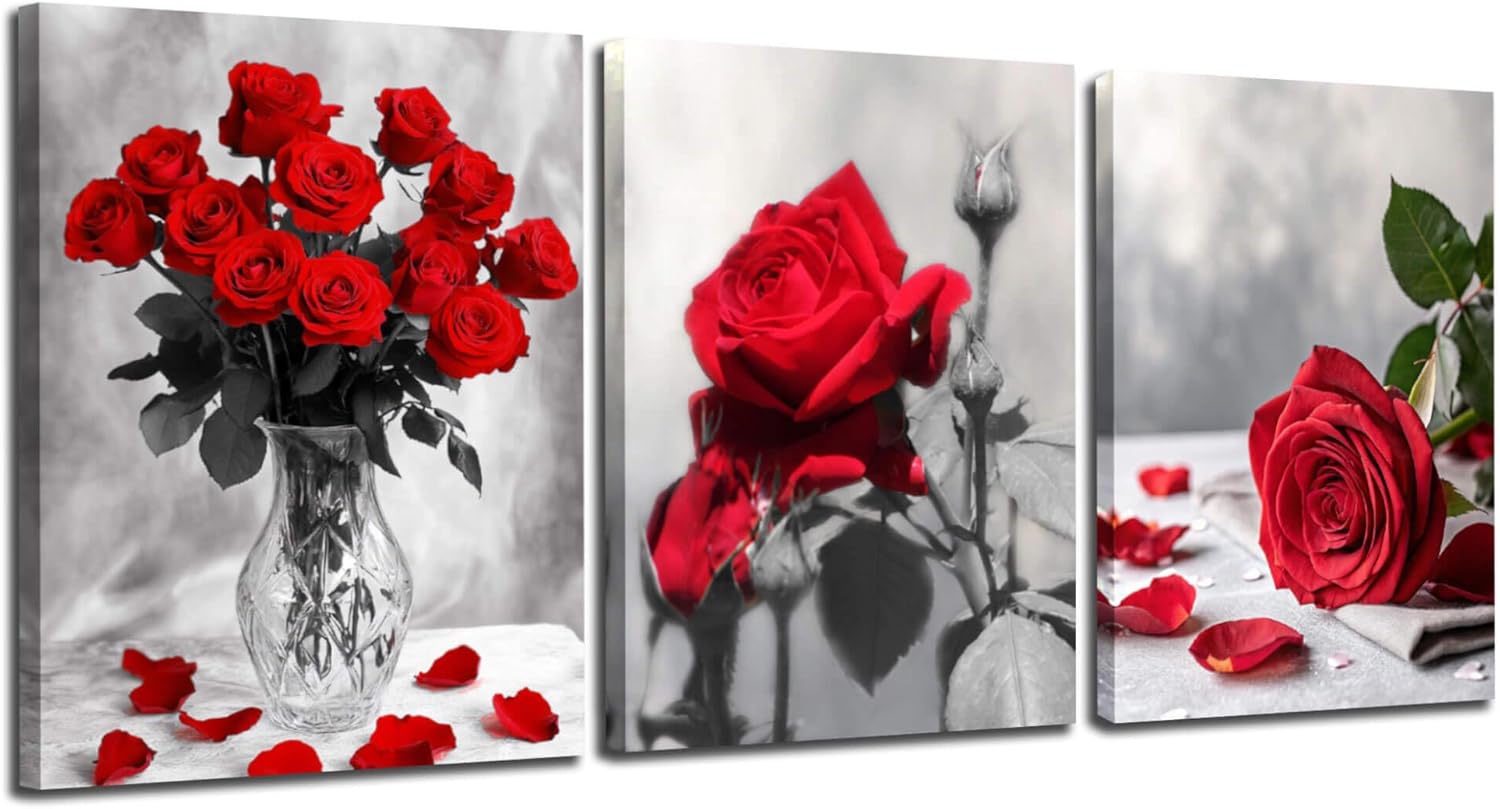 Arjun Rose Wall Art Flower Red Floral Painting Modern Elegant Bloosom Modern Pictures Framed for Living Room Bedroom Bathroom Dining Room Kitchen Home Office Wall Decor, 12"x16"x3 Panels