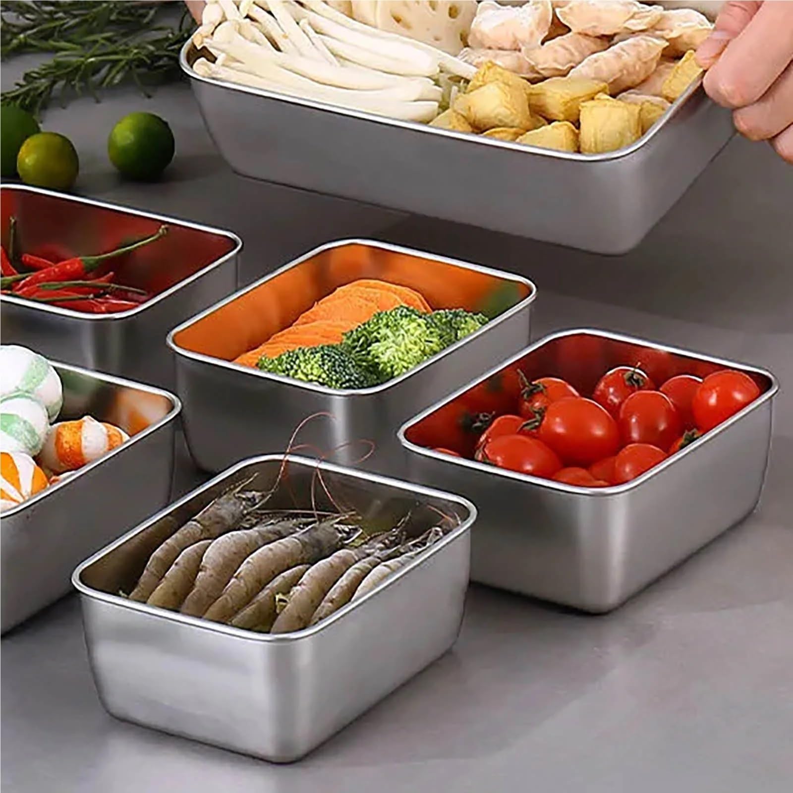 BoîTe De Conservation En Inox Boîte de conservation en acier inoxydable 6 pièces avec couvercle scellé, boîte commerciale for petits ingrédients, for légumes, la glace, des aliments et fruits