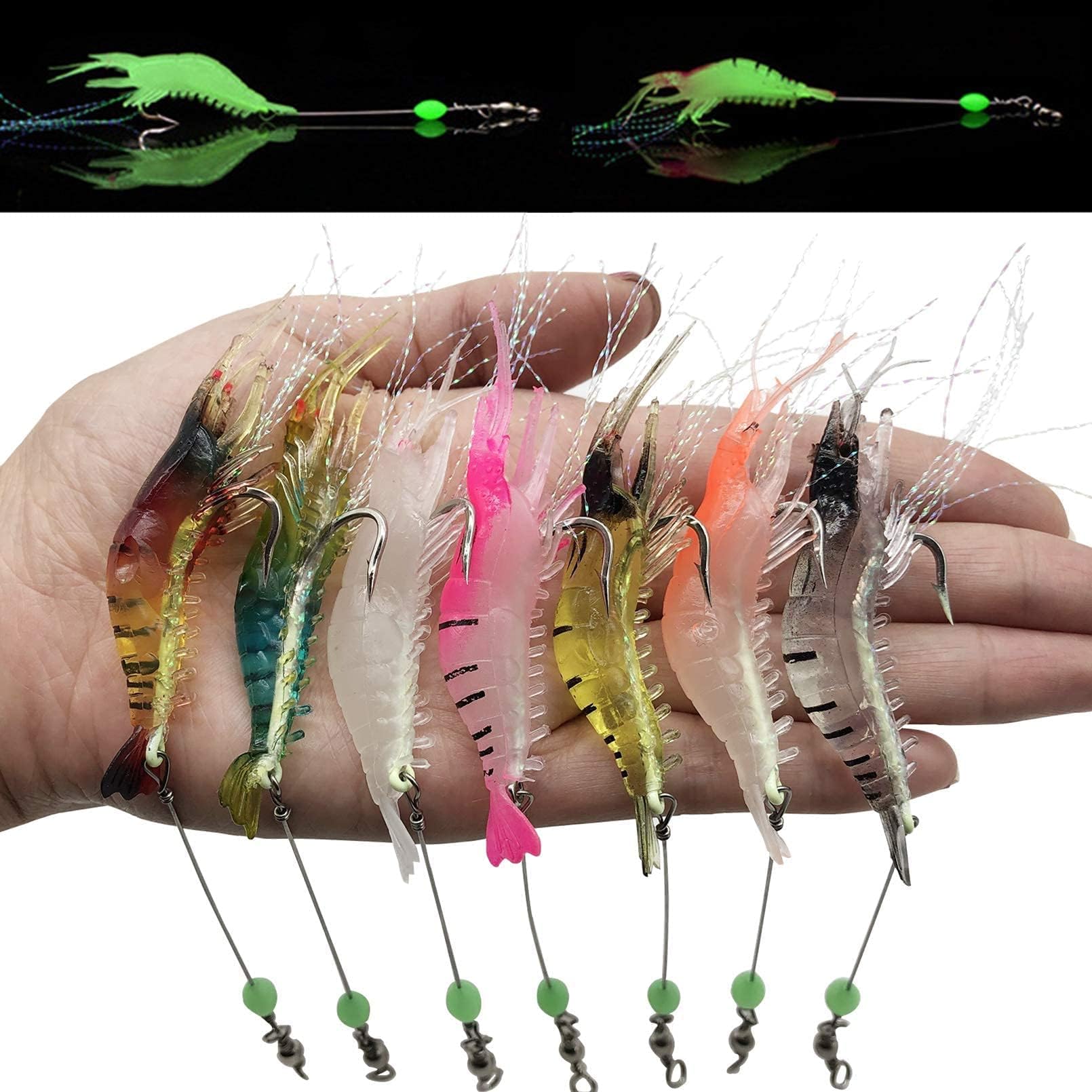 Proberos® 7 PCS Luminous Shrimp Fishing Lures Set, Soft Silicone Baits with Jig, UV-Reflective Swimbaits for Freshwater & Saltwater, 7 Colors (10cm, Slow Sinking, Night Fishing)