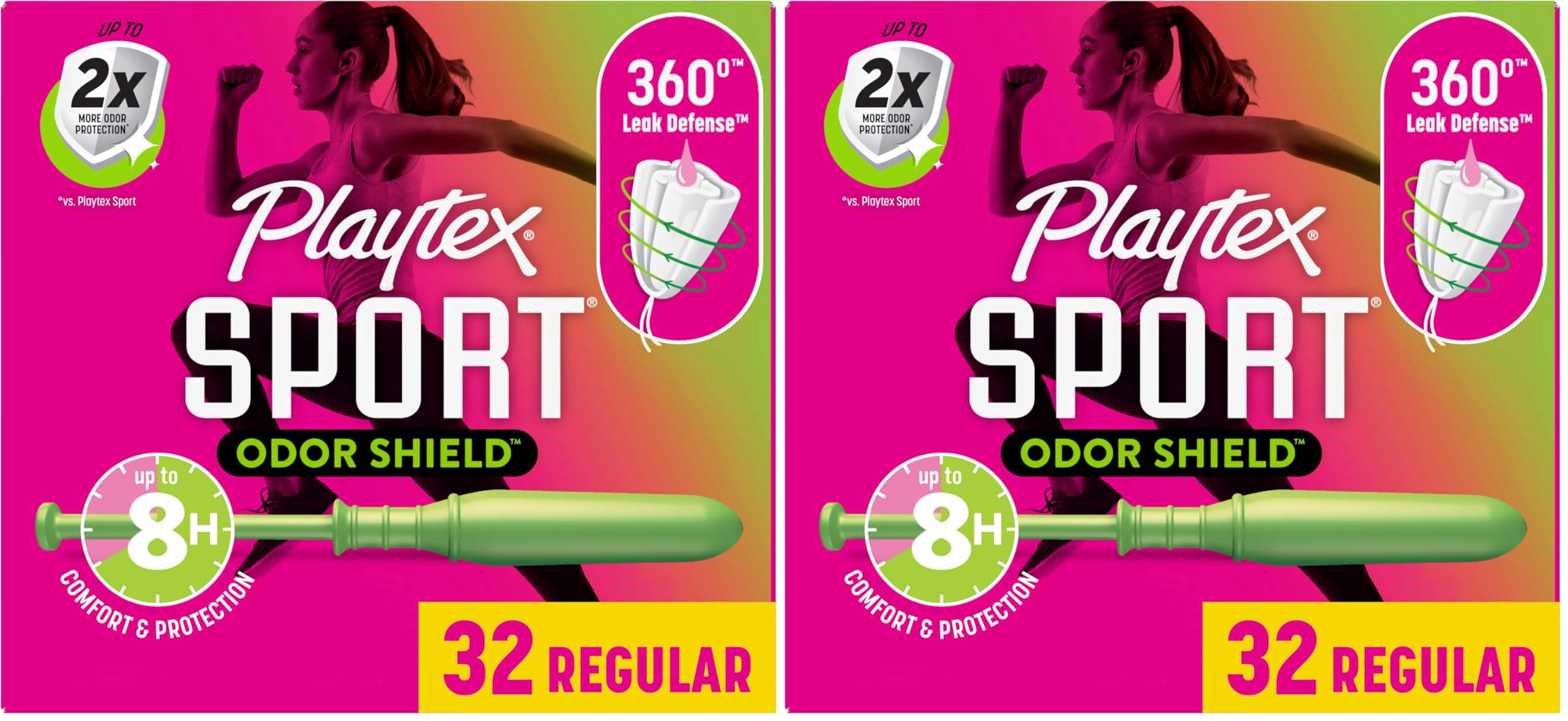 Playtex Sport Odor Shield Tampons, Regular Absorbency, Unscented - 32ct (Pack of 2)