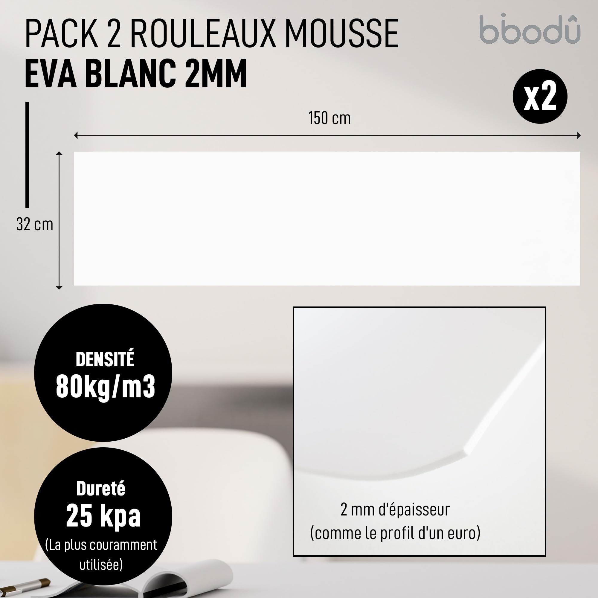 Rouleaux Mousse EVA Noire 2mm - Lot De 2 - 150x32cm - Densité 80kg/m³ - Pour Cosplay, DIY, Déco