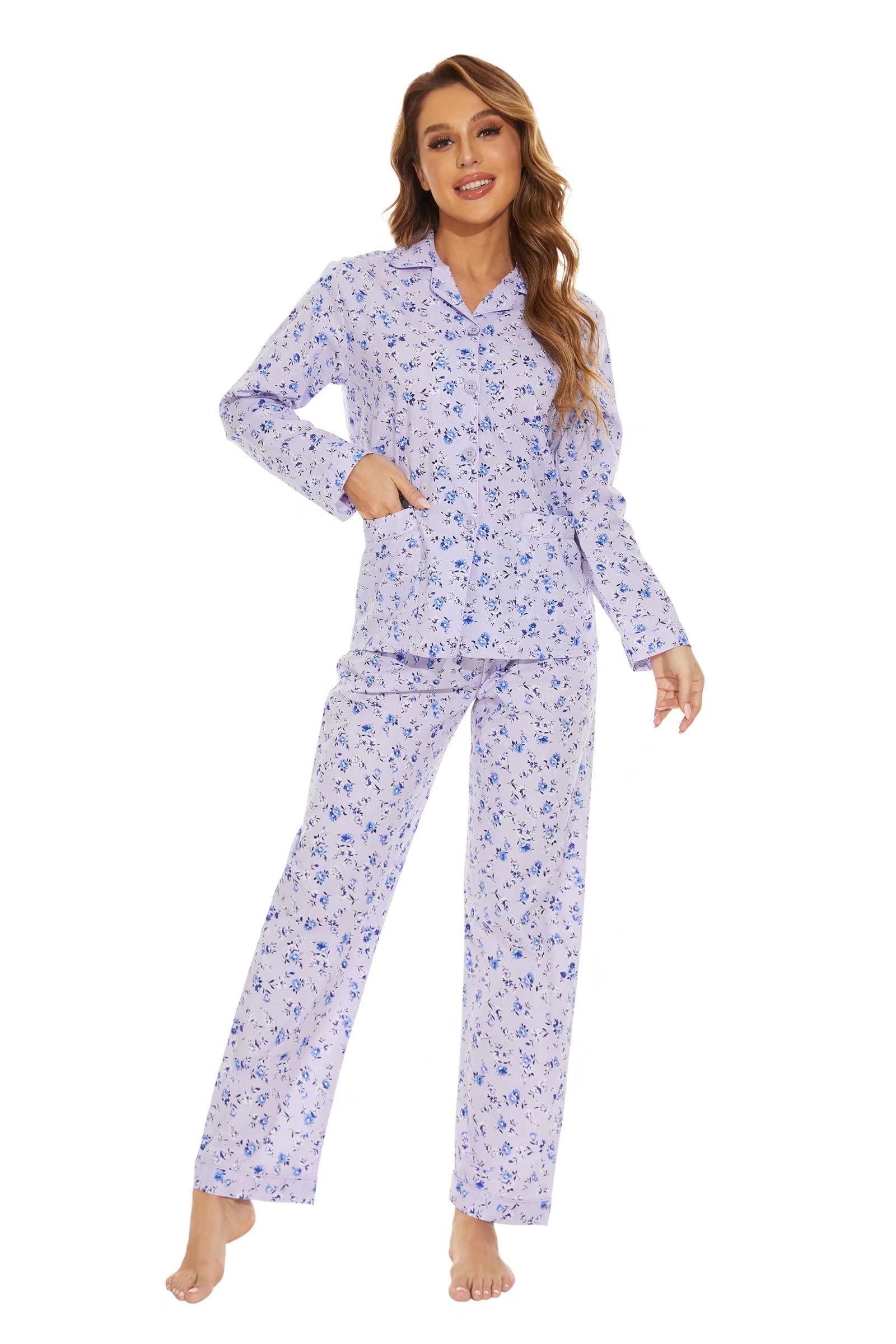 GLOBAL Ensemble de Pyjama pour Femme 100% Coton à Manches Longues et Boutons pour Femme Vêtement de Nuit Doux Respirant PJS